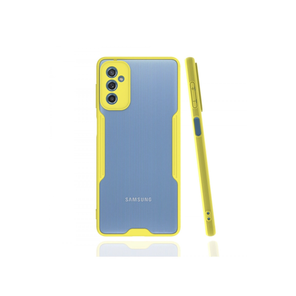 Sarı vurgulu mavi telefon kılıfı, arkadan ve yandan gösterilmiştir.