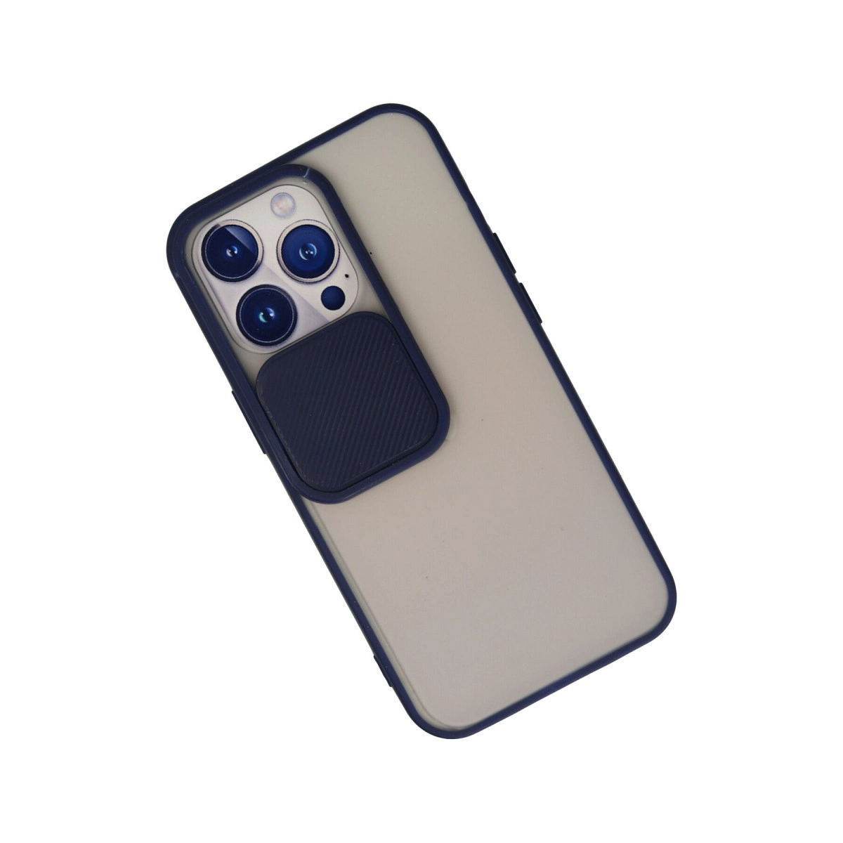 Mavi çerçeveli şeffaf telefon kılıfı ve kaydırılabilir kamera kapağı.