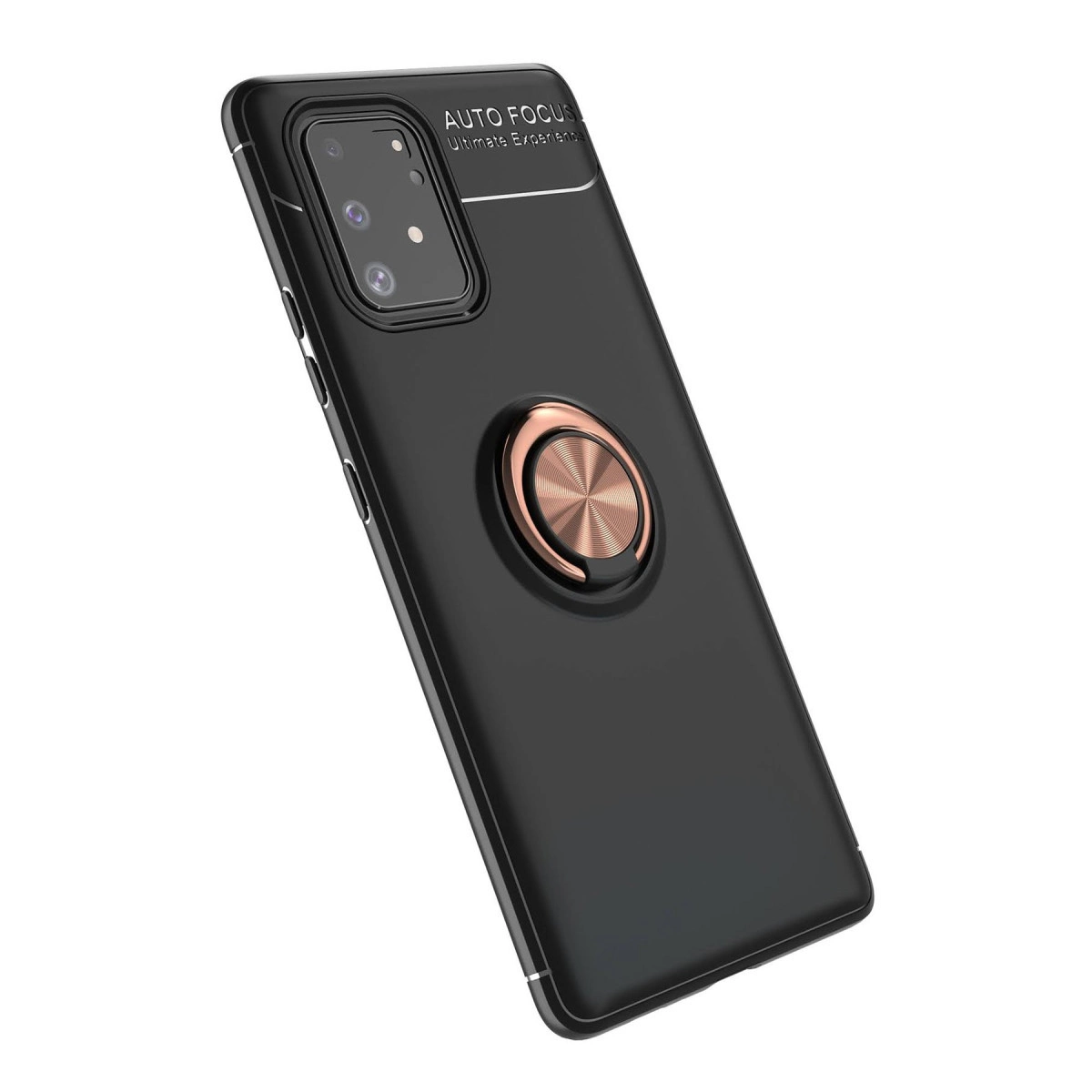 Halka tutuculu ve kamera modüllü siyah telefon kılıfı.