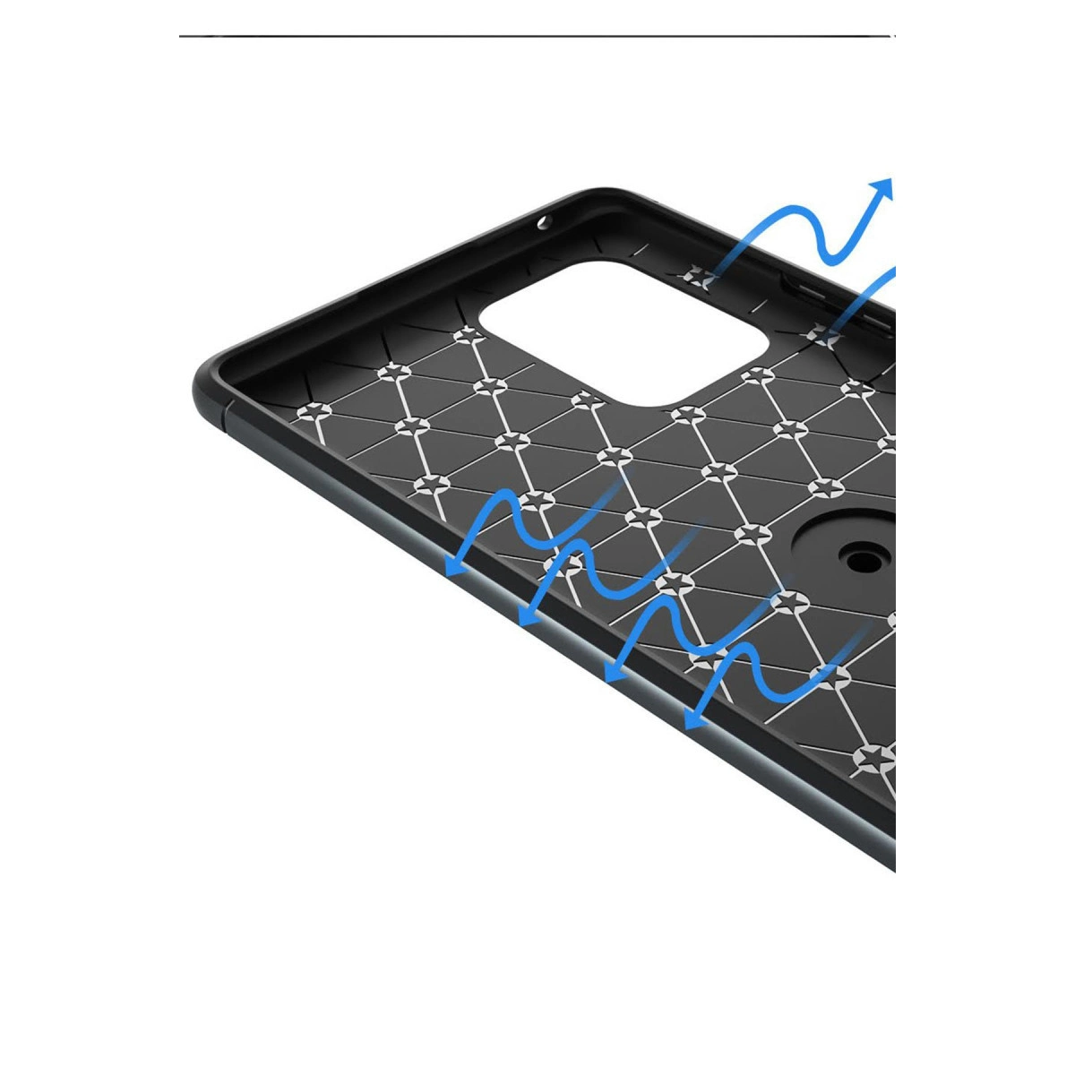 Petek desenli ve hava akışını gösteren mavi oklarla siyah telefon kılıfı.