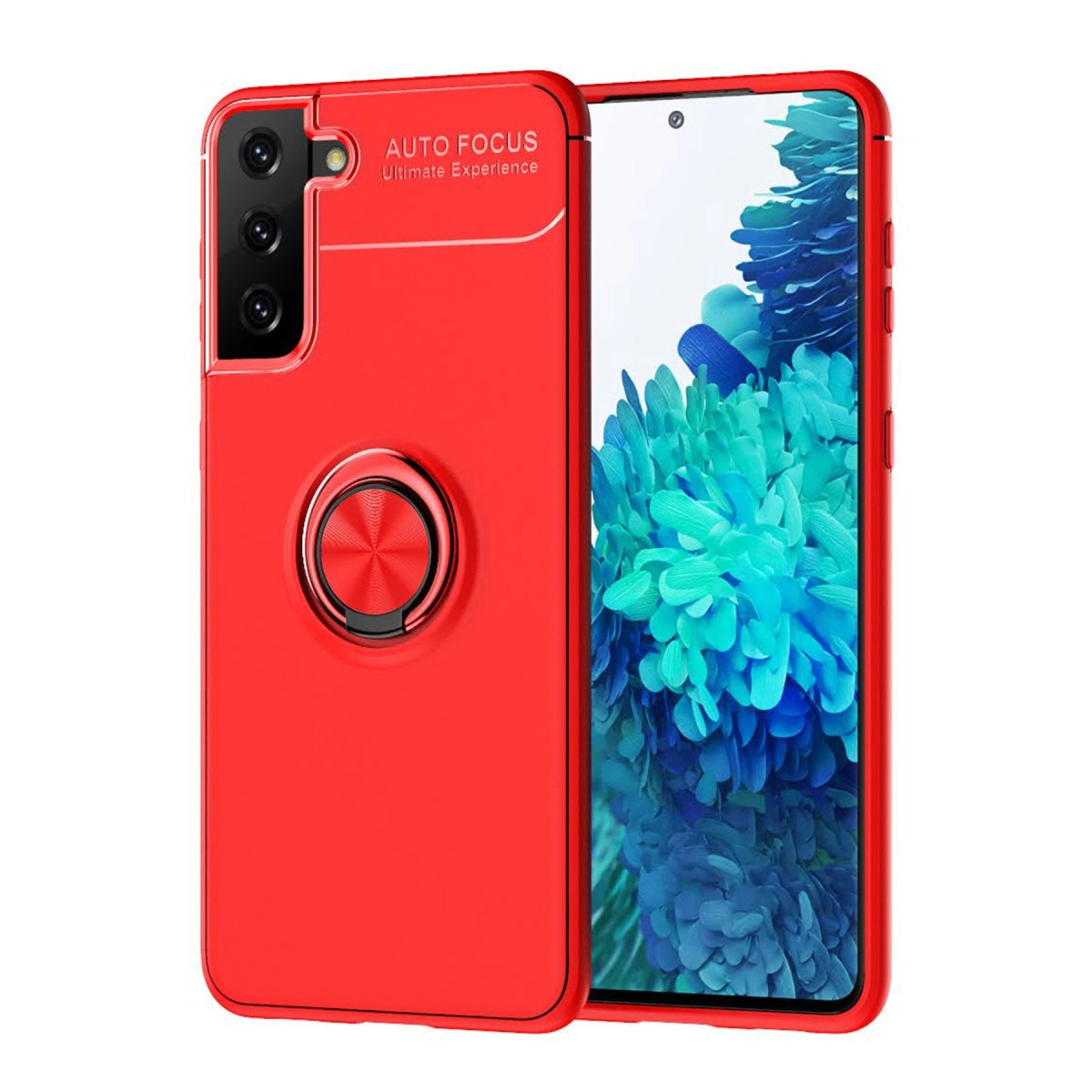 Halka standlı kırmızı telefon kılıfı ve mavi çiçekler gösteren bir telefon.