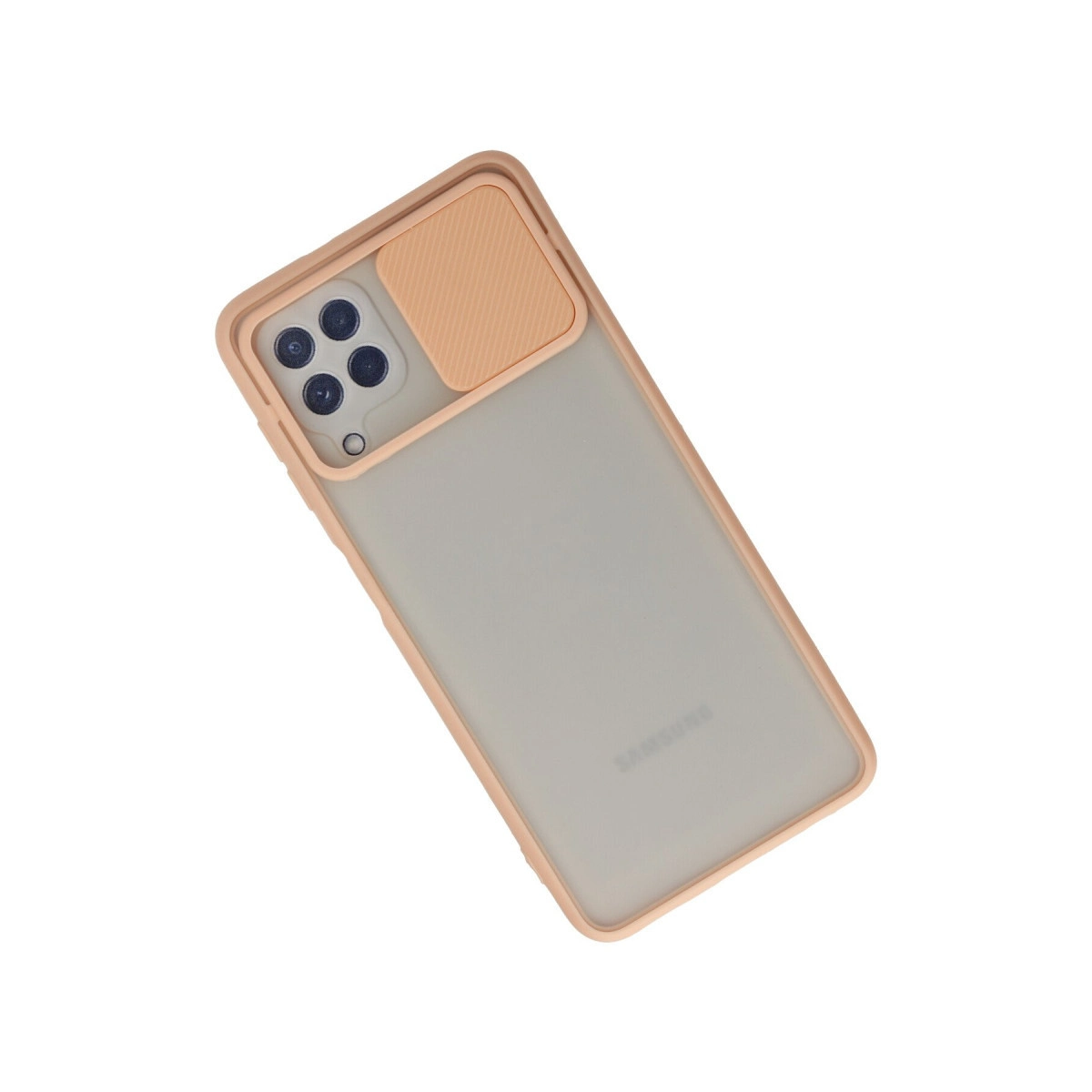Pembe çerçeveli ve kaydırılabilir kamera kapaklı şeffaf telefon kılıfı.