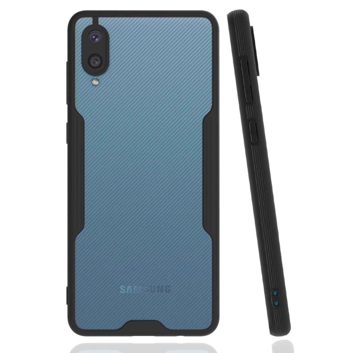 Siyah çerçeveli, yivli dokulu mavi Samsung telefon kılıfı.