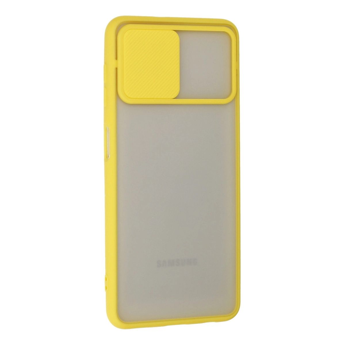 Mat arkalı ve kaydırılabilir kamera kapaklı sarı plastik telefon kılıfı.