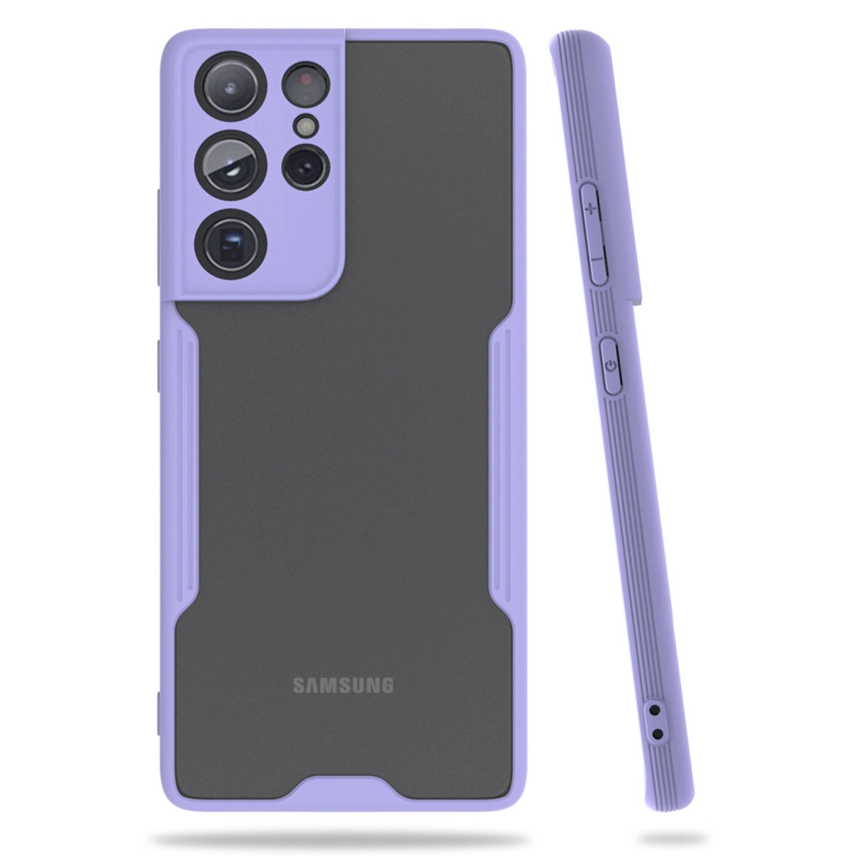 Koyu gri ek parçalı ve kamera modüllü mor Samsung telefon kılıfı.