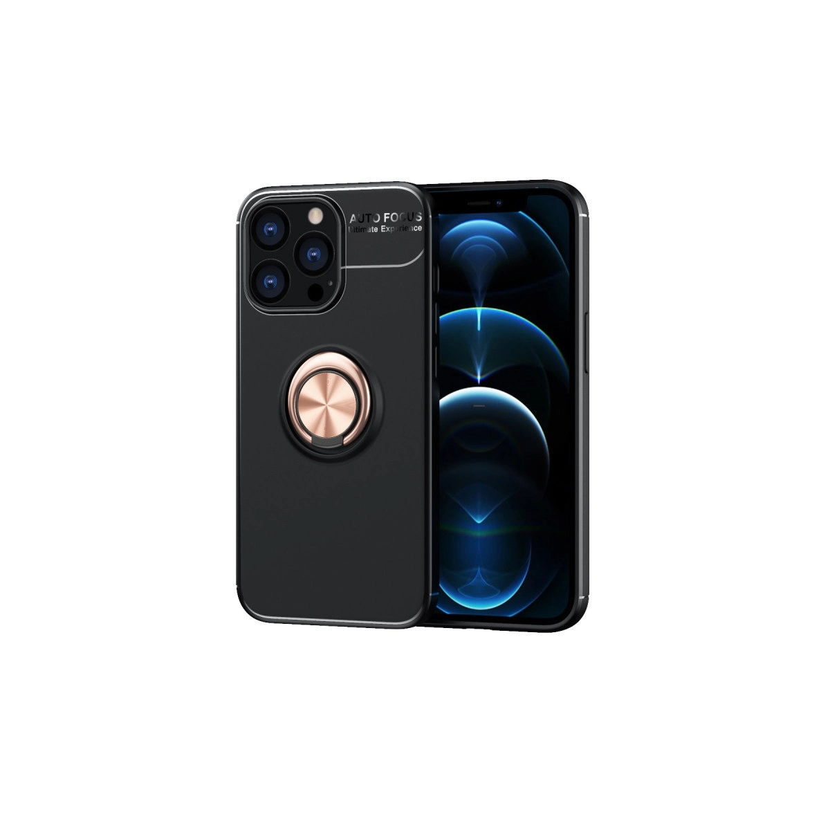 Mavi duvar kağıtlı telefonda, rose gold halkalı siyah telefon kılıfı.
