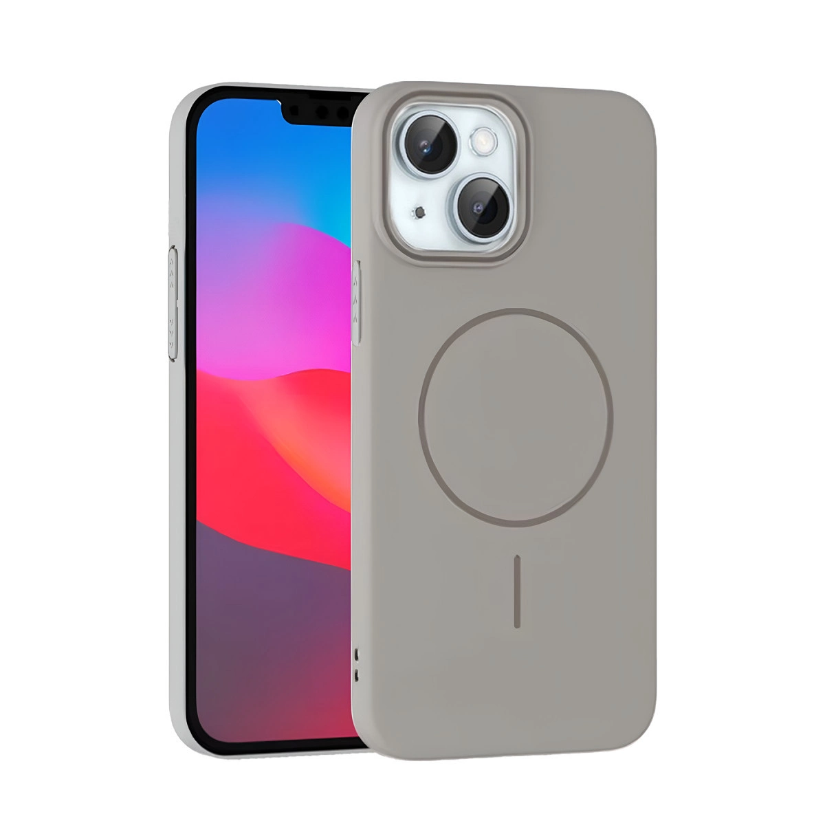 Gri iPhone 14 Pro kılıfı, ekranında kamera ve manyetik daire bulunur.