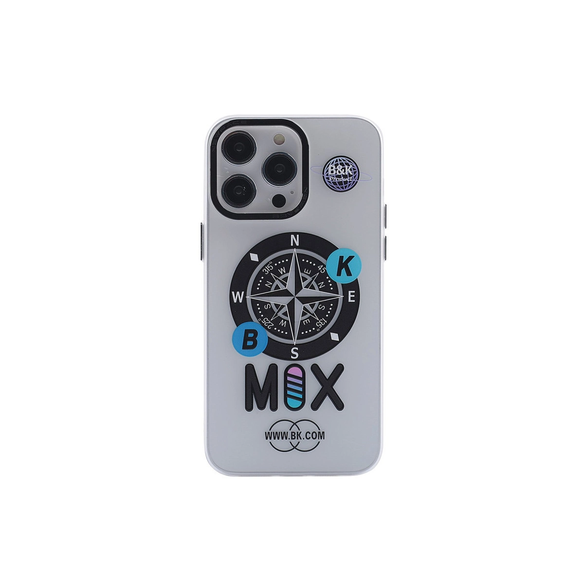Pusula ve "MOX" yazılı açık gri telefon kılıfı.