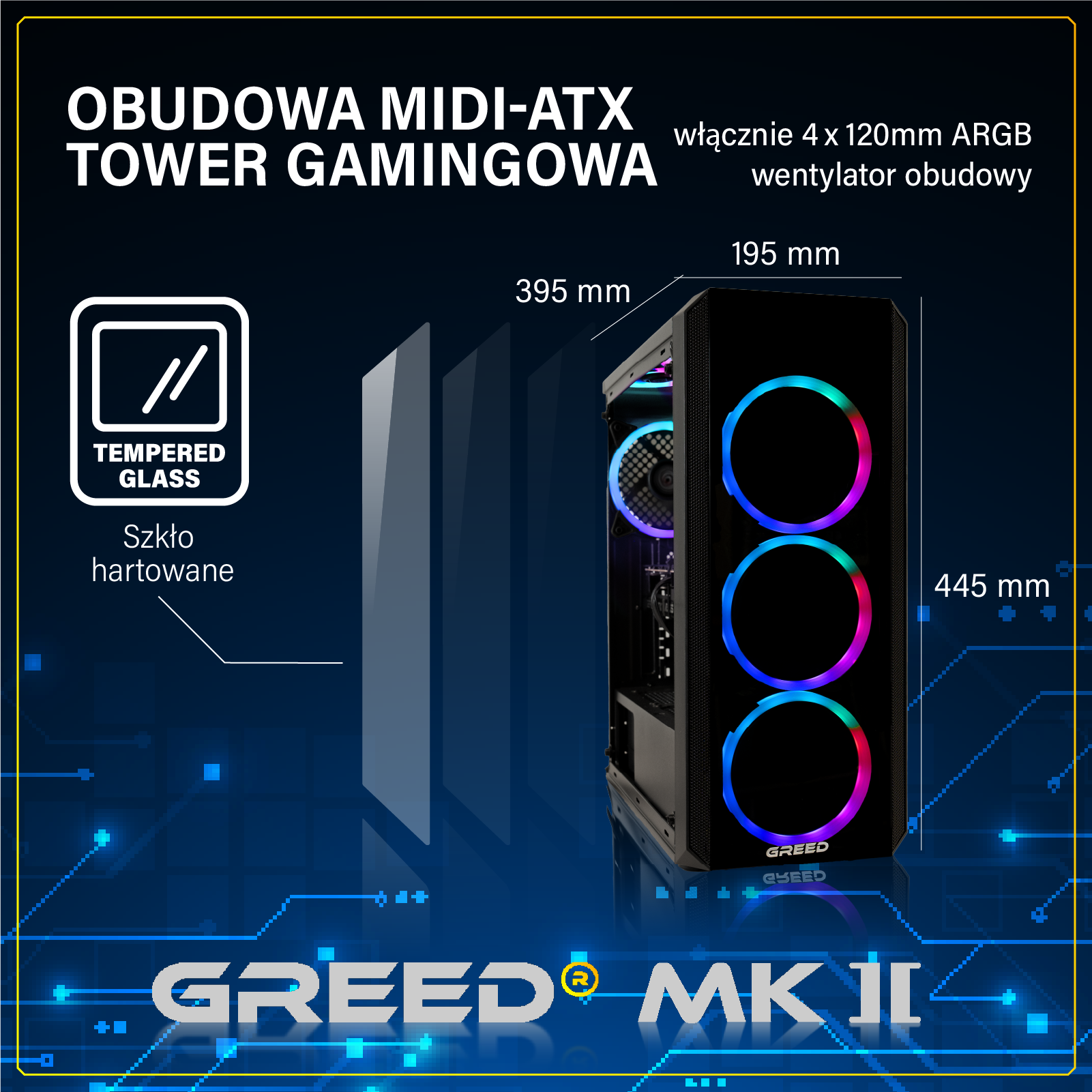 Czarna obudowa PC z wentylatorami RGB i wymiarami. Ikona szkła hartowanego.