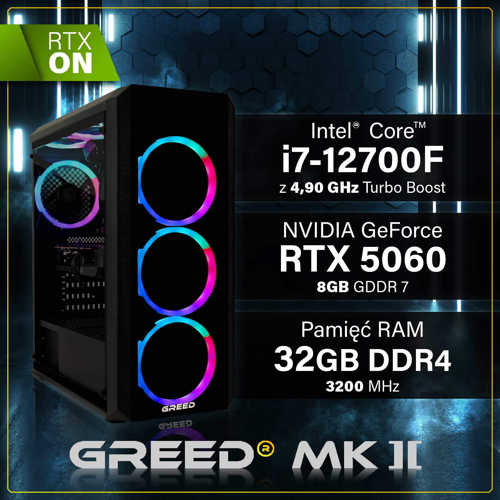 Komputer gamingowy z wentylatorami RGB, specyfikacją Intel i7, RTX 5060 i 32 GB RAM.