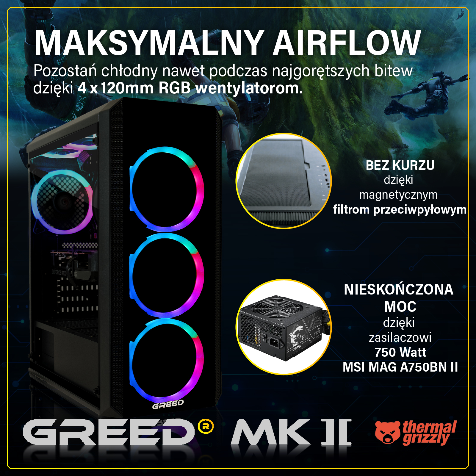 Obudowa PC z wentylatorami RGB, zasilaczem i filtrami przeciwkurzowymi.