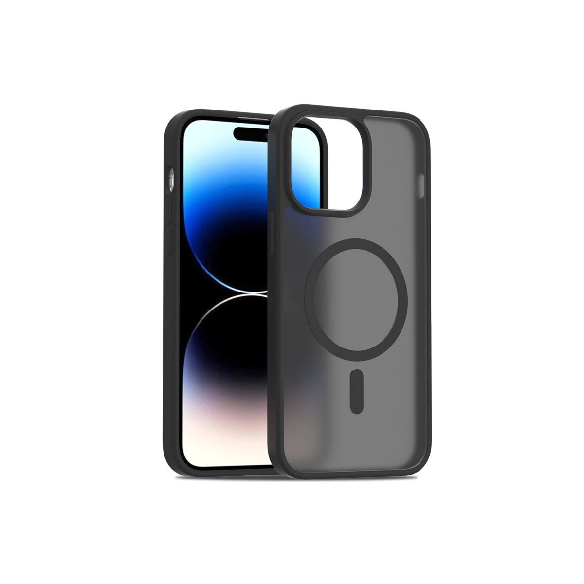 Mıknatıslı halkayı gösteren şeffaf kılıflı siyah iPhone.