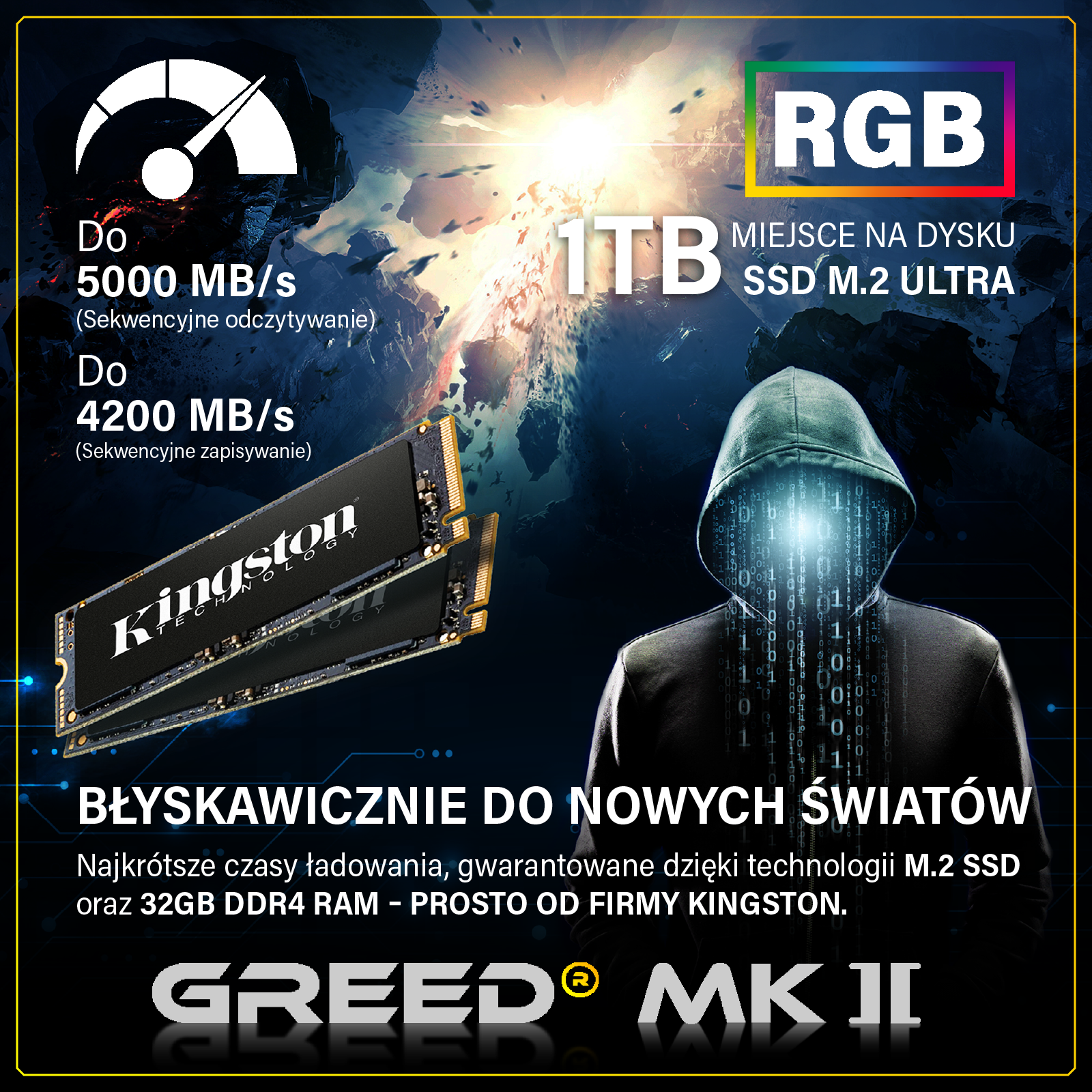 Dysk Kingston SSD 1TB, 5000MB/s odczyt, 4200MB/s zapis, RGB i motyw hakera.
