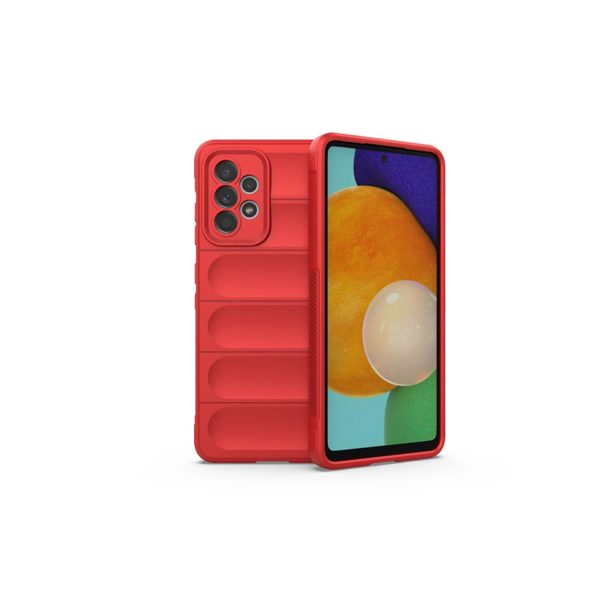 Kamera kesimli, yatay oluklu kırmızı telefon kılıfı.