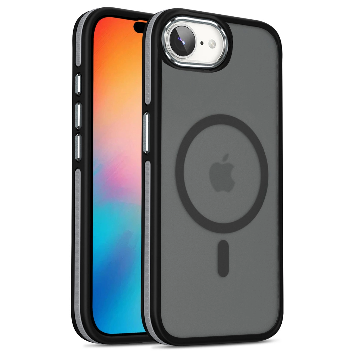 Siyah çerçeveli ve Apple logolu gri telefon kılıfı.