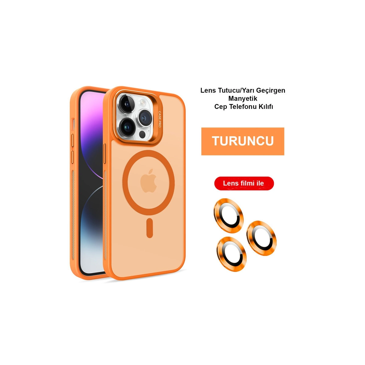 NEWFACE iPhone 14 Pro Uyumlu Flet Lens Magsafe Kapak Telefon Kılıfı Turuncu