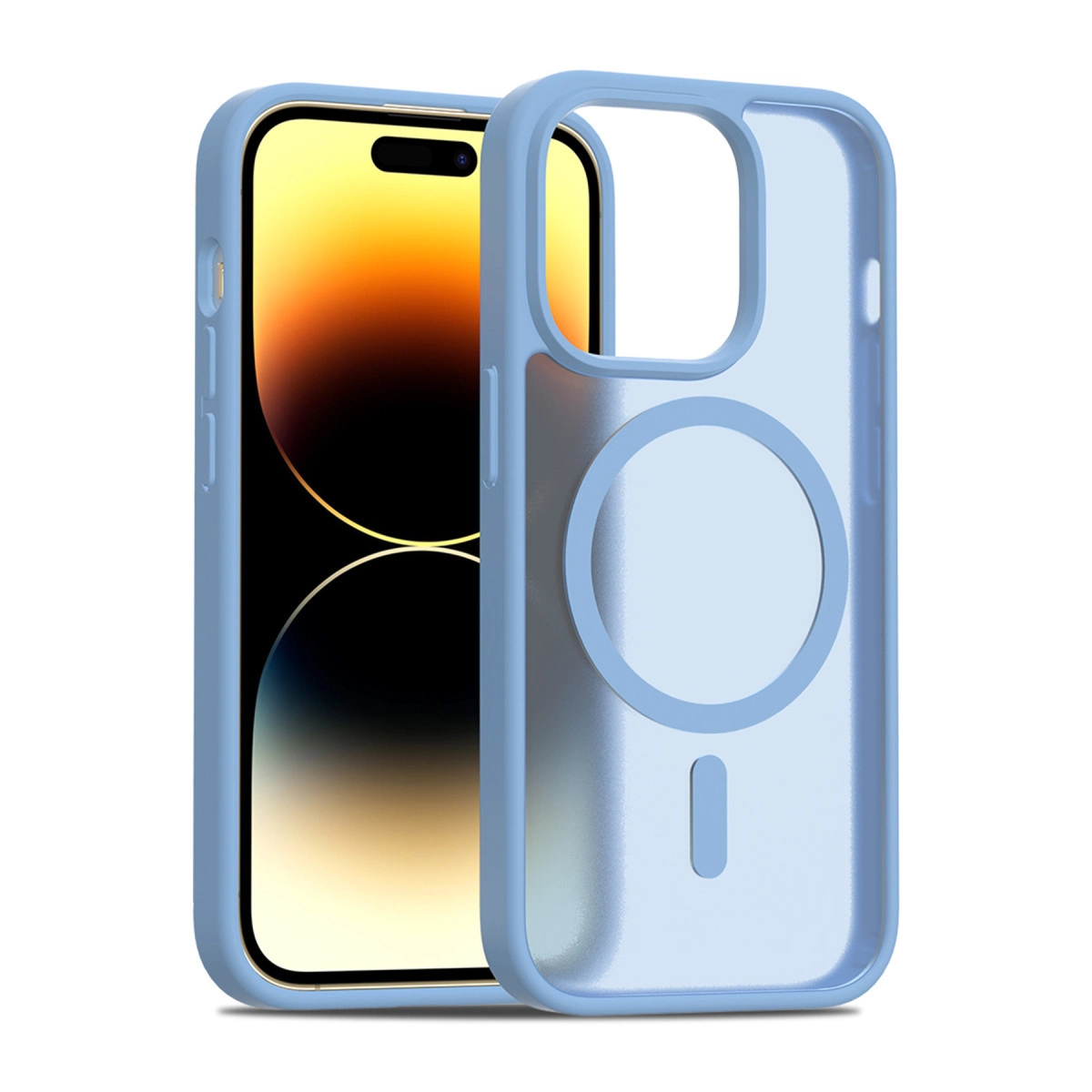 Açık mavi telefon kılıfı, parlak ekranlı bir akıllı telefonun yanında duruyor.