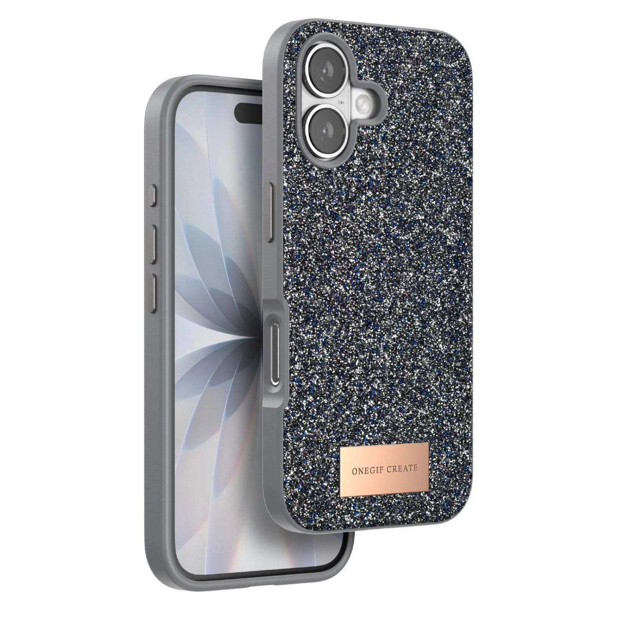Simli kılıflı gri telefon ve çift kamera.