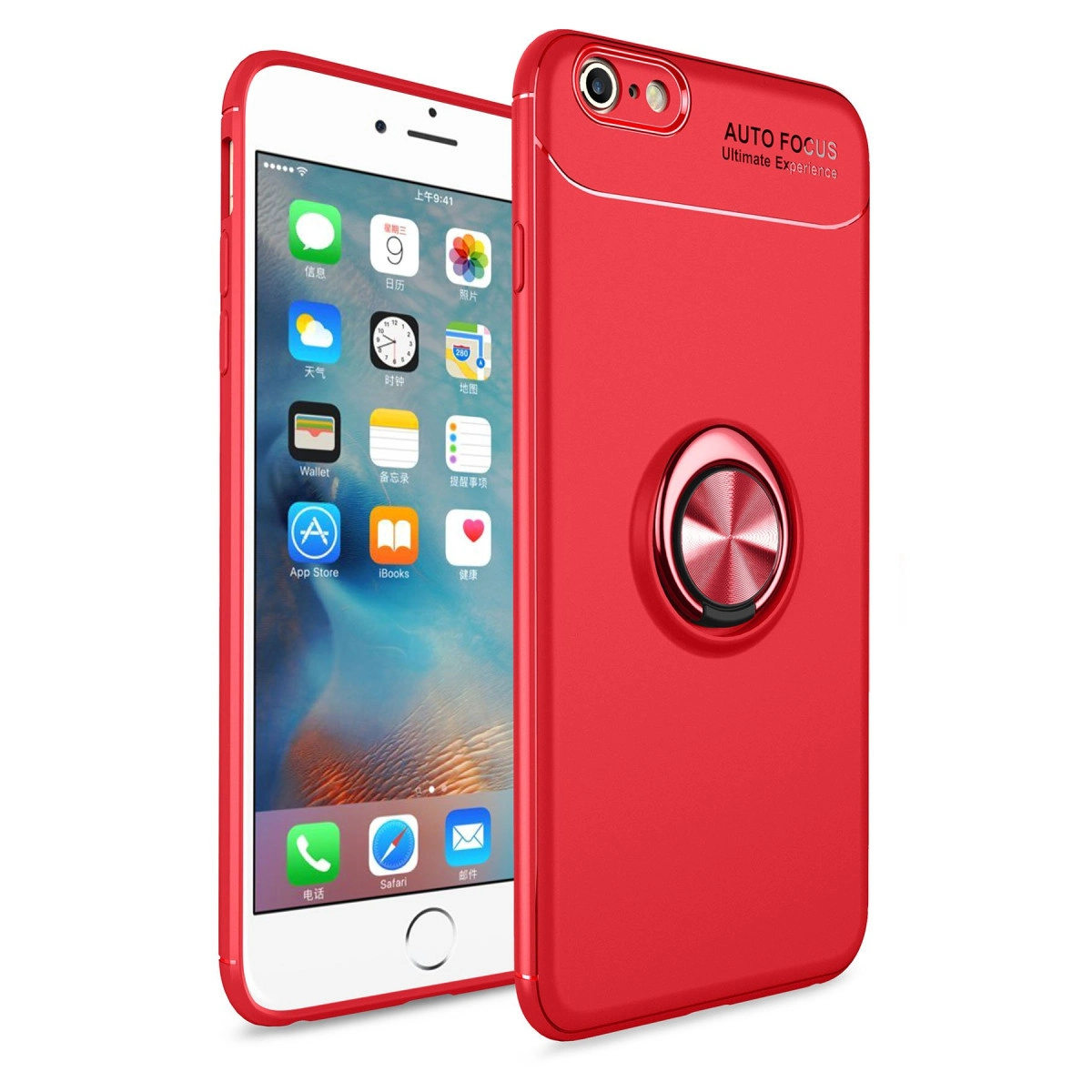 Halkalı kılıflı bir, aktif ekranlı diğer kırmızı iPhone.