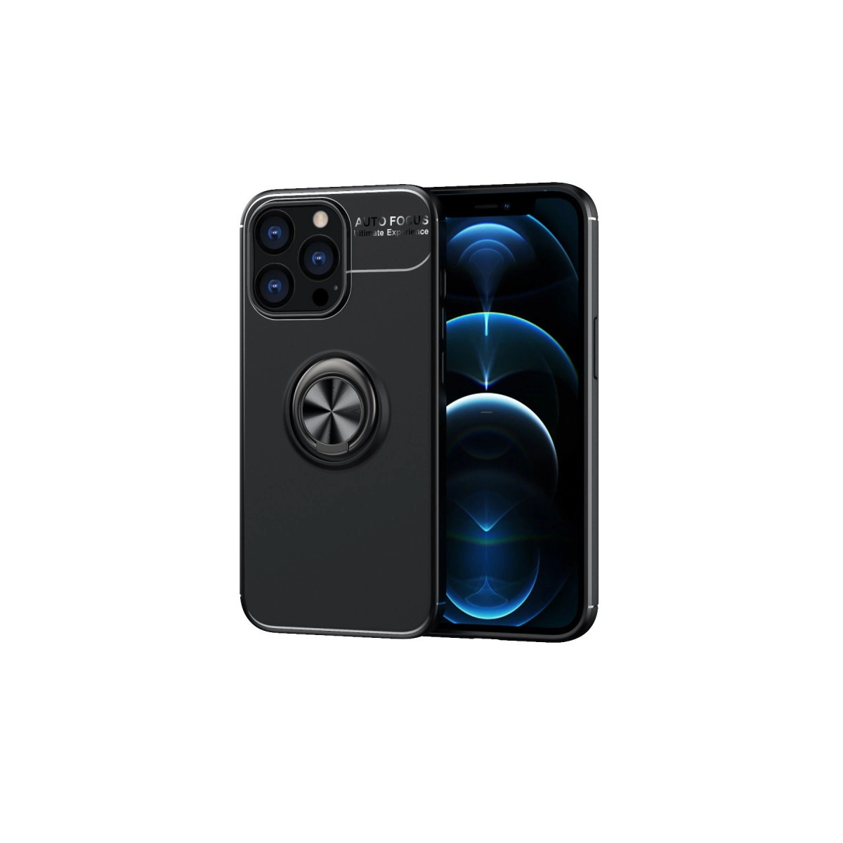 Arkada halka tutuculu ve kamera modüllü siyah telefon kasası.