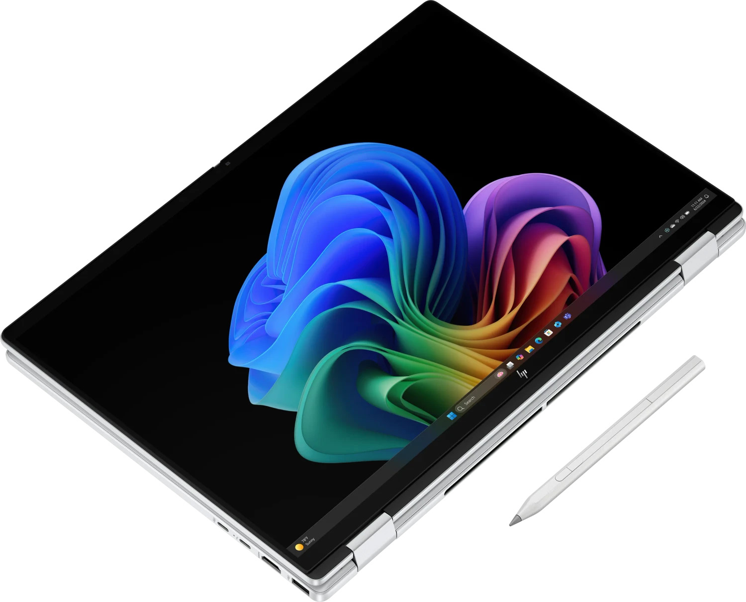 Ein offenes Laptop mit einem bunten Hintergrundbild und einem Stift.