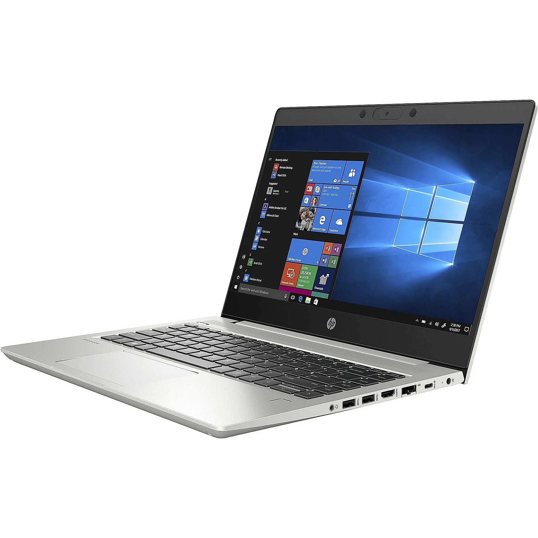 Ein silberner HP Laptop mit beleuchteter Tastatur und Windows-Startmenü.