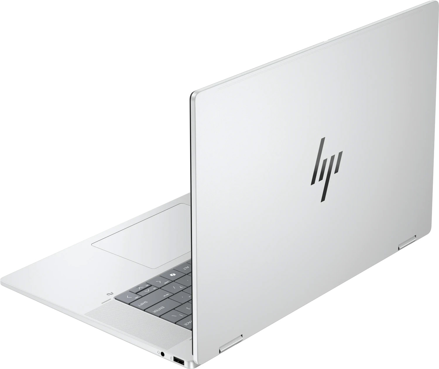 Ein silberner HP Laptop ist geöffnet und zeigt Tastatur und Trackpad. Das HP-Logo ist auf dem Deckel sichtbar.