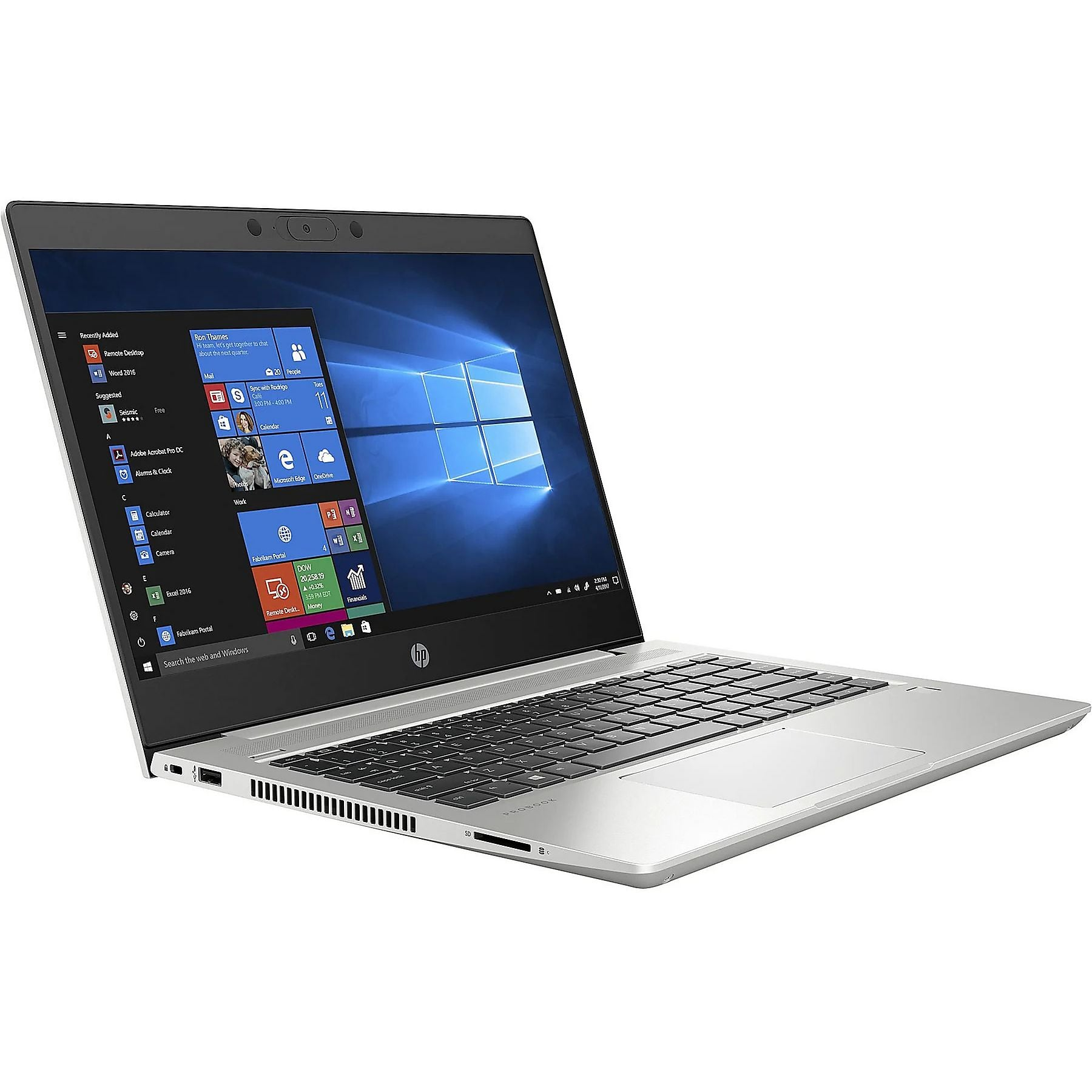Ein silberner Laptop mit Windows-Startmenü und Tastatur ist zu sehen.