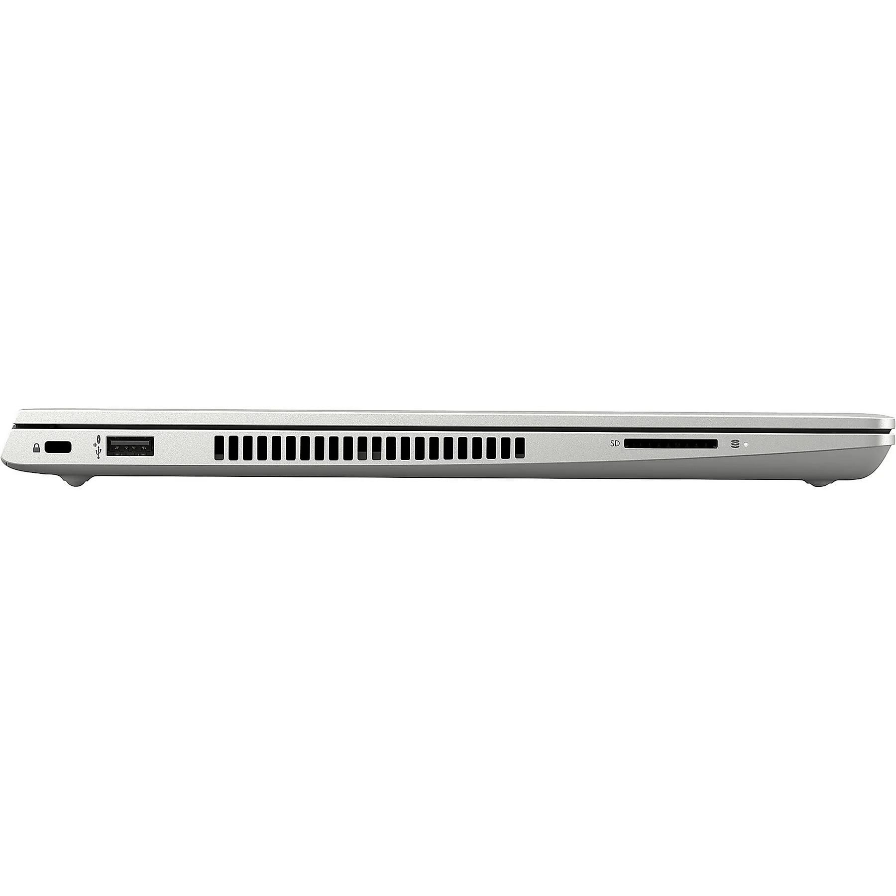 Silberner Laptop-Rand mit USB-Anschluss, Lüftungsschlitzen und SD-Kartensteckplatz.