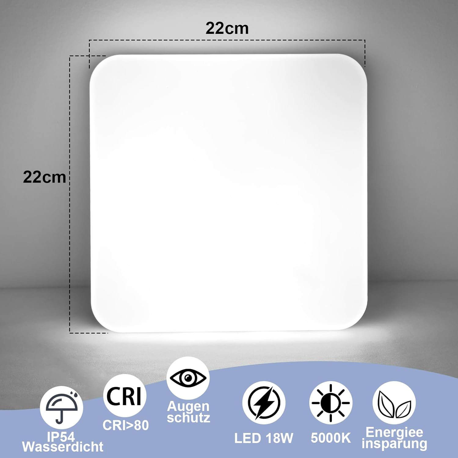 Una lámpara LED cuadrada blanca de 22x22cm con símbolos protectores.