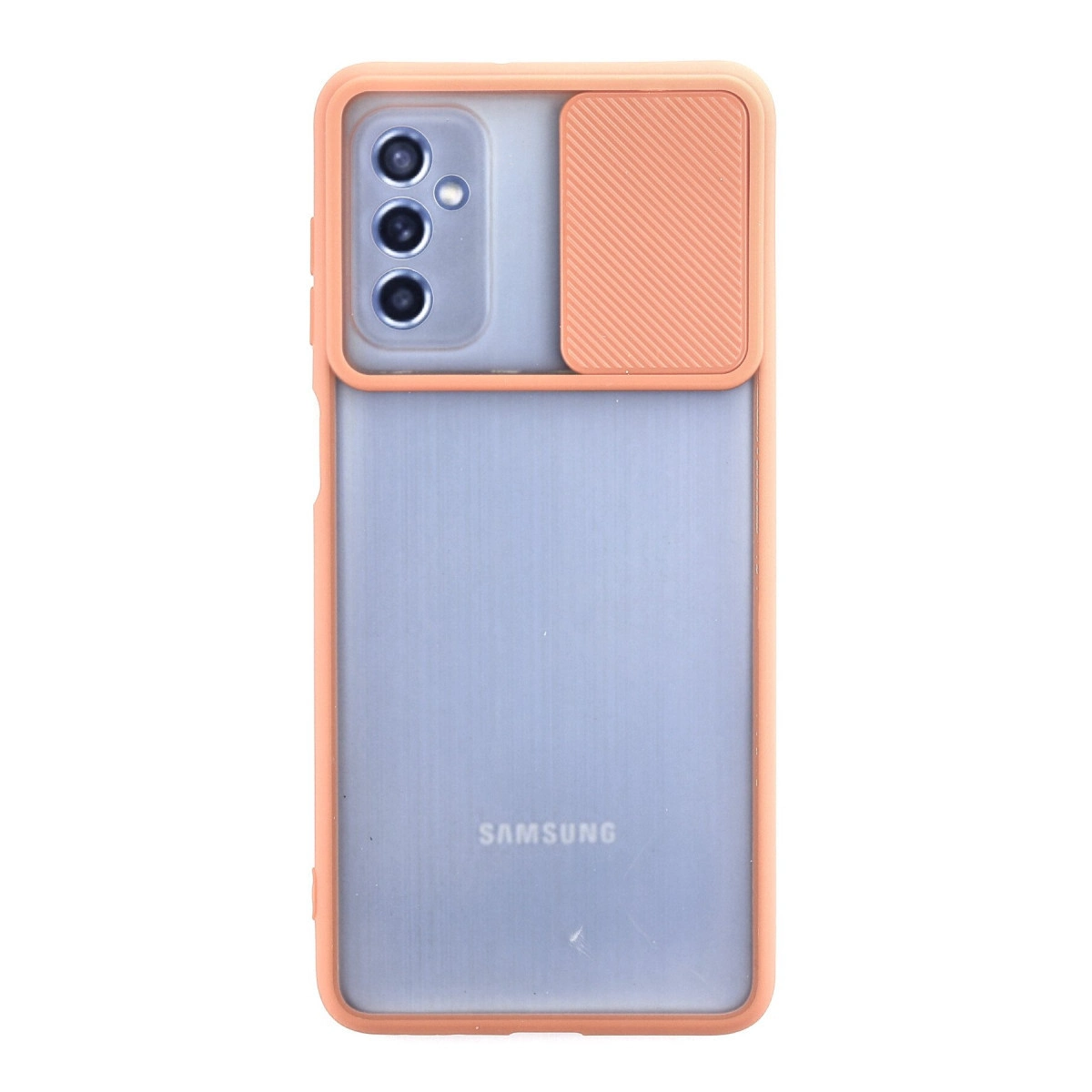 Turuncu kenarlı ve kamera lens kapaklı şeffaf telefon kılıfı.