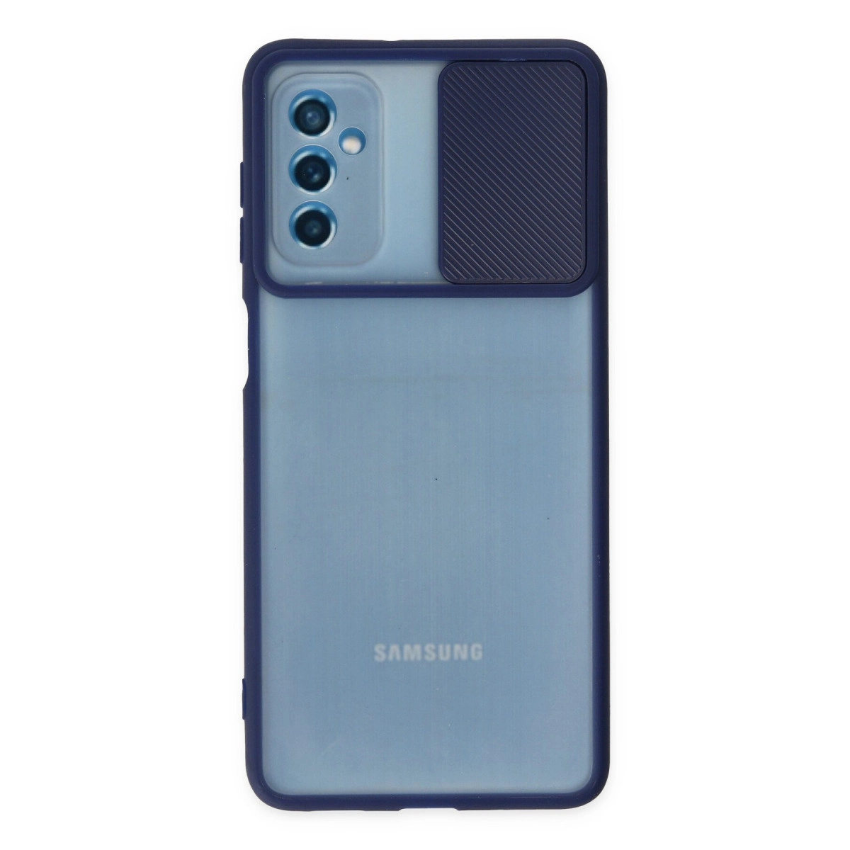 Kamera kapaklı ve Samsung logolu mavi telefon kılıfı. Detaylı görünüm.