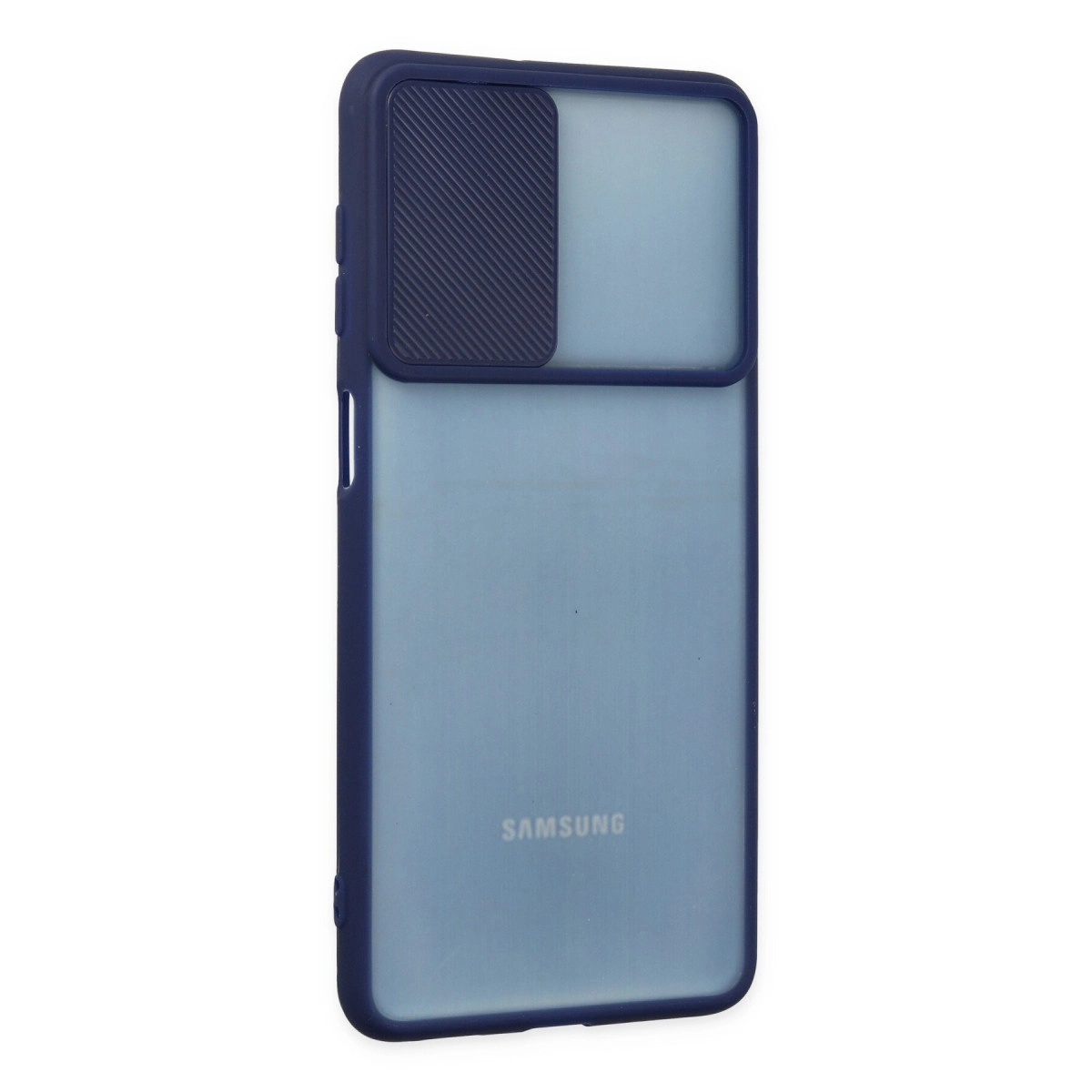Kaydırılabilir kamera kapağına sahip lacivert telefon kılıfı.