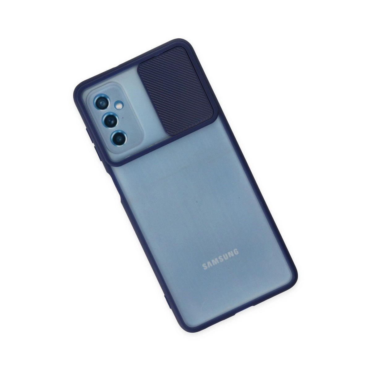 Kayar kamera kapaklı mavi Samsung telefon koruyucu kılıfla.