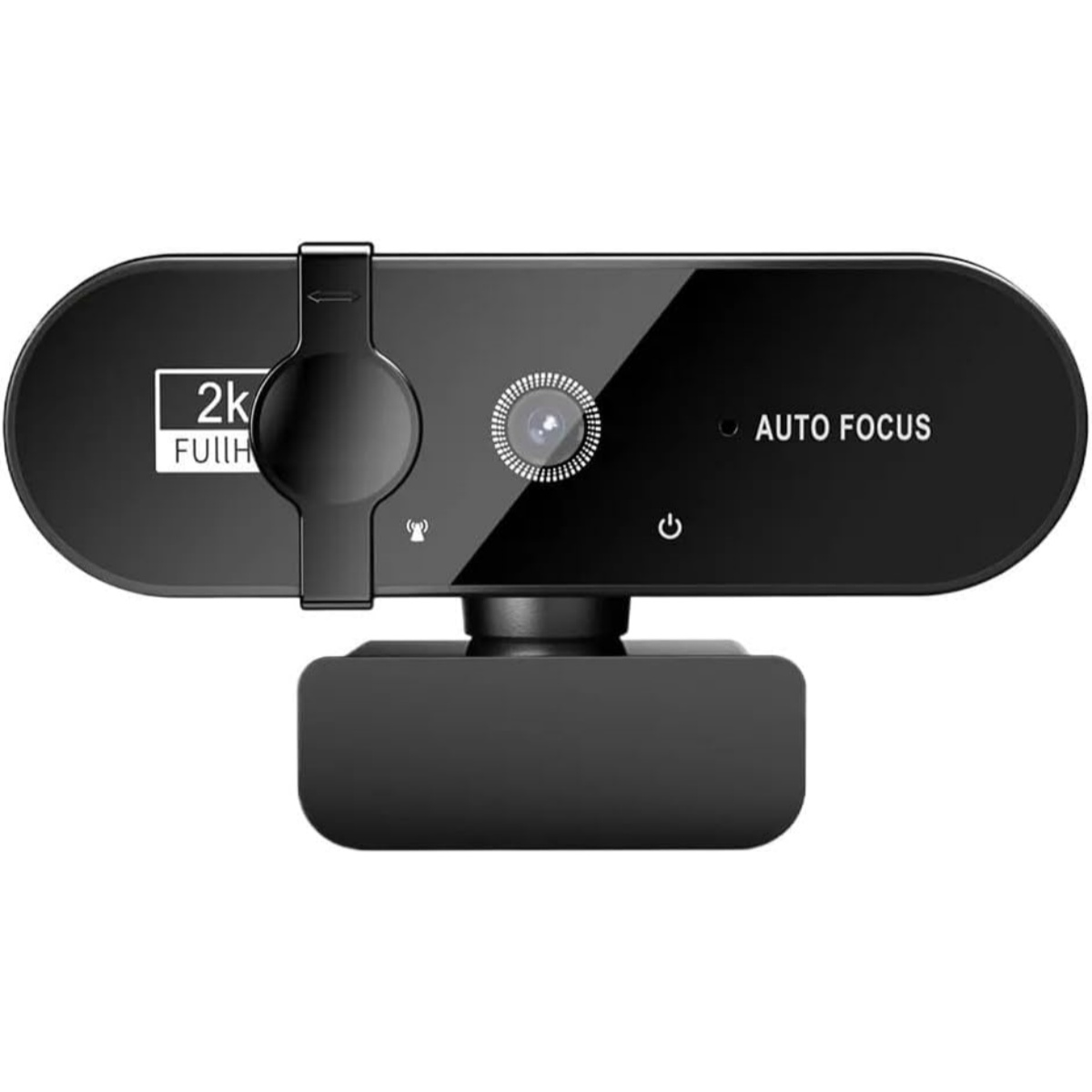 Schwarze Webcam mit 2k Full HD, Autofokus und Netzschalter.
