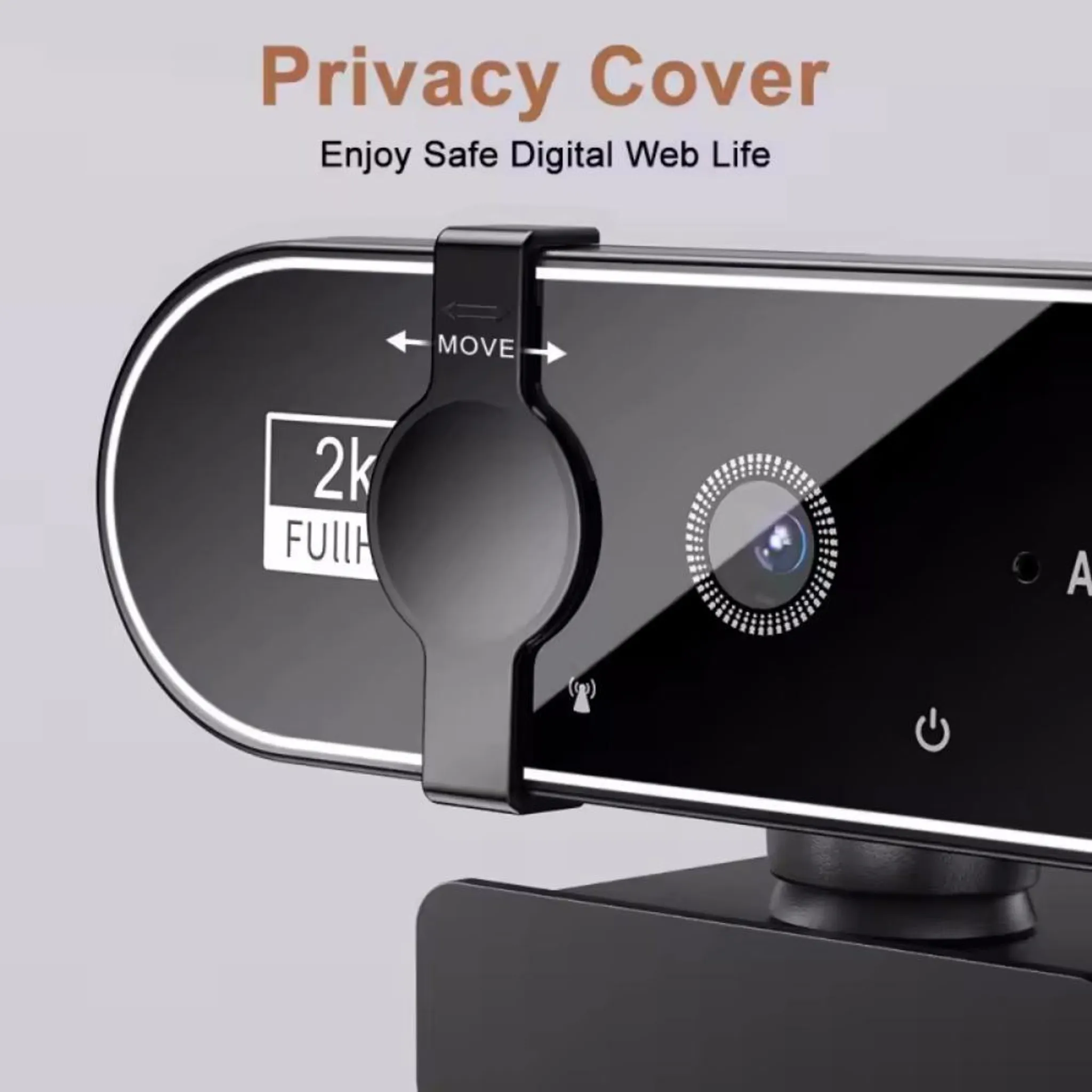 Eine schwarze Webcam mit „Privacy Cover“-Aufdruck und „2K FULL“-Logo.