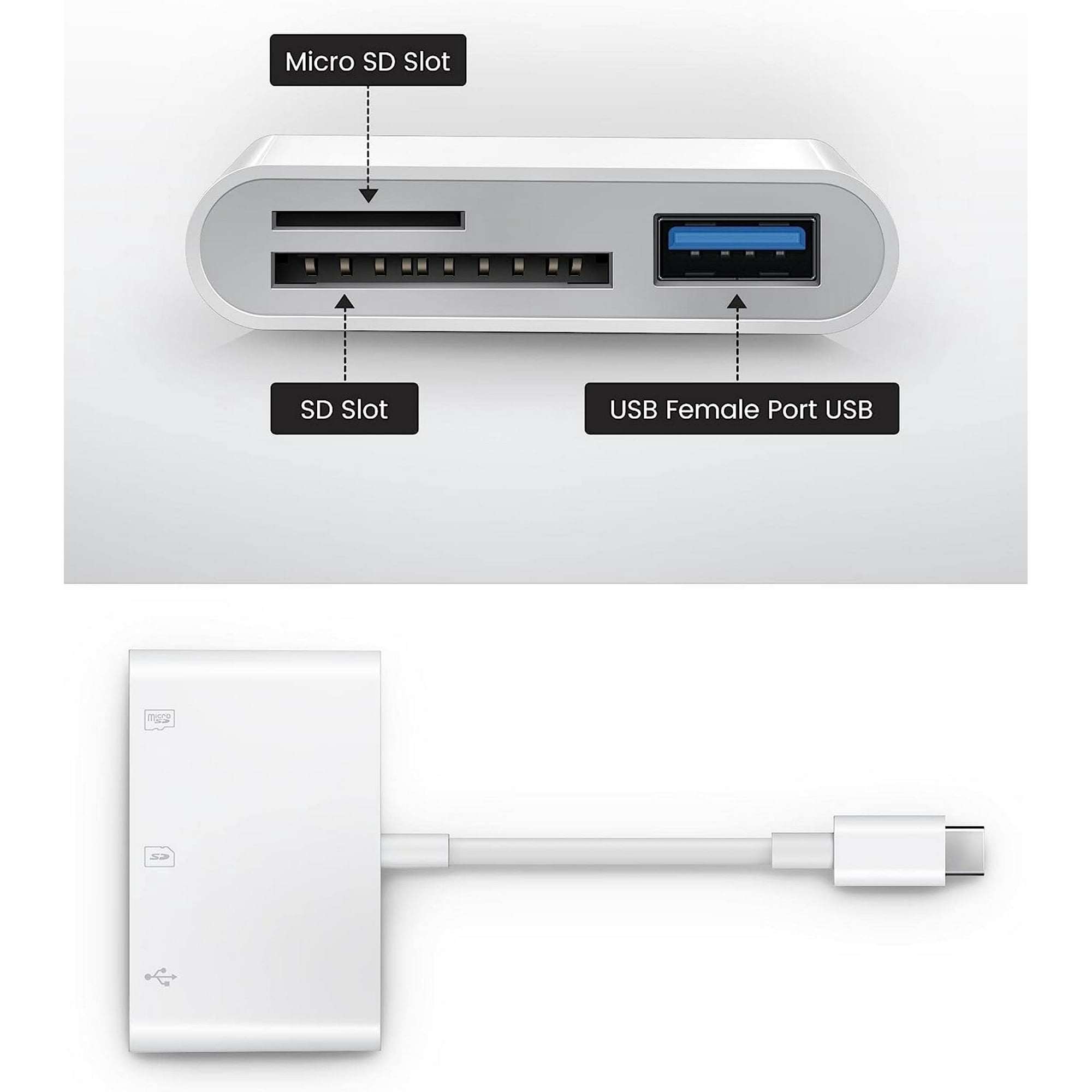 Weiße USB-C-Hub mit SD-, MicroSD-Steckplätzen und einem USB-A-Anschluss.
