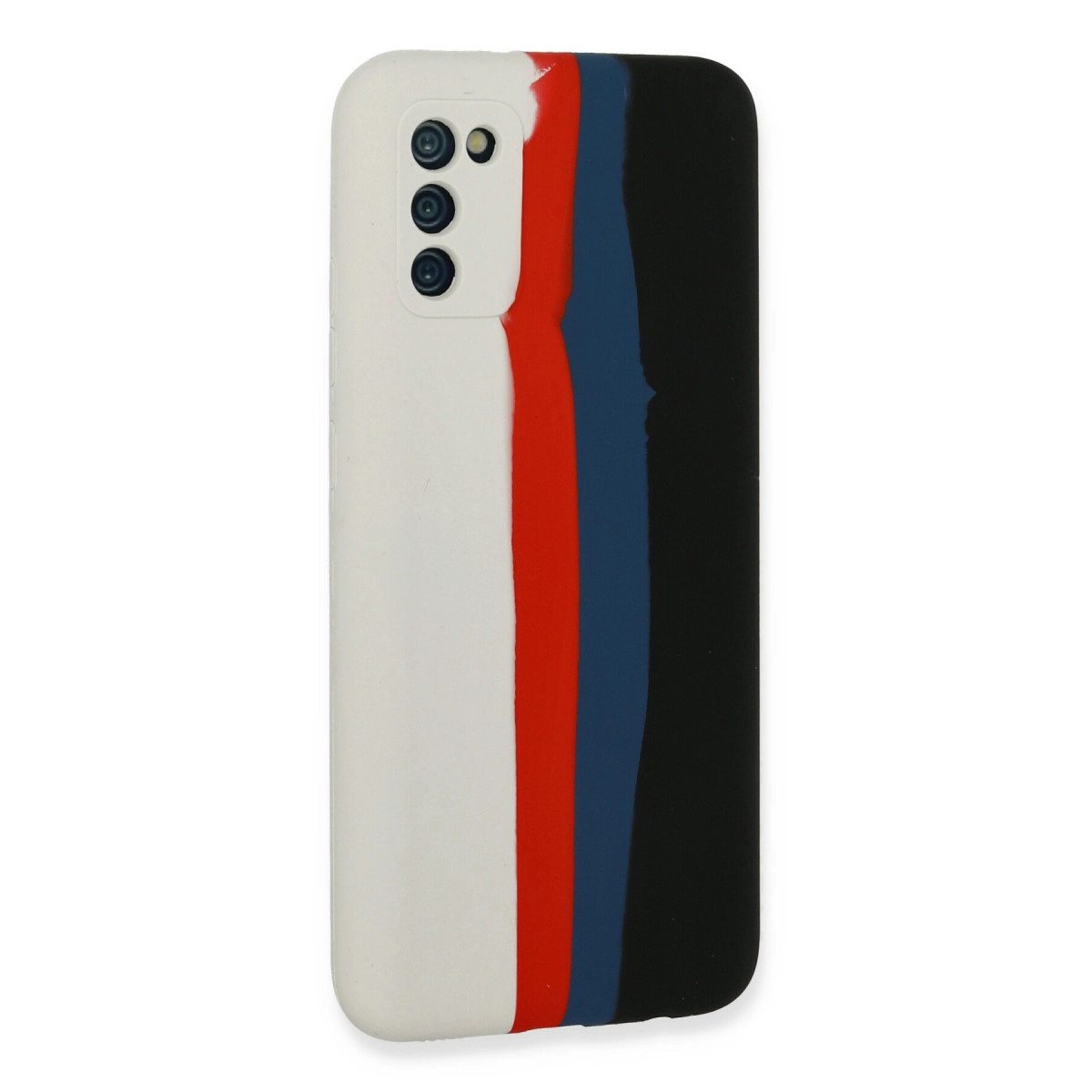 Dikey kırmızı, mavi ve siyah şeritli beyaz telefon kılıfı.