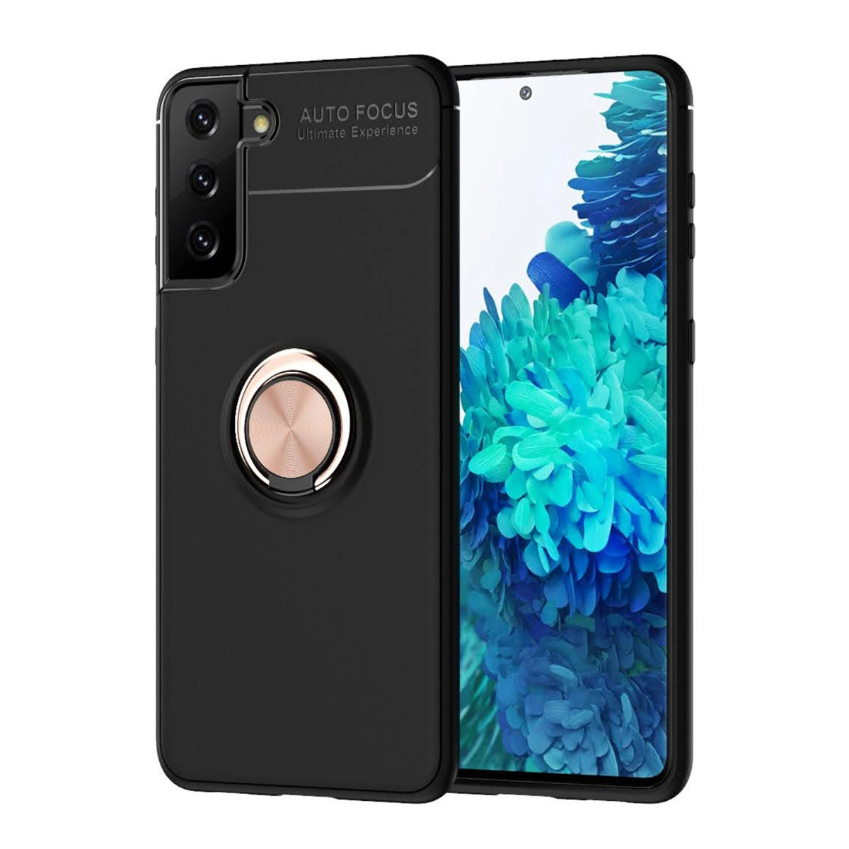 Odaklama baskılı siyah telefon kılıfı ve halka tutucu, mavi arka planlı akıllı telefonun yanında.