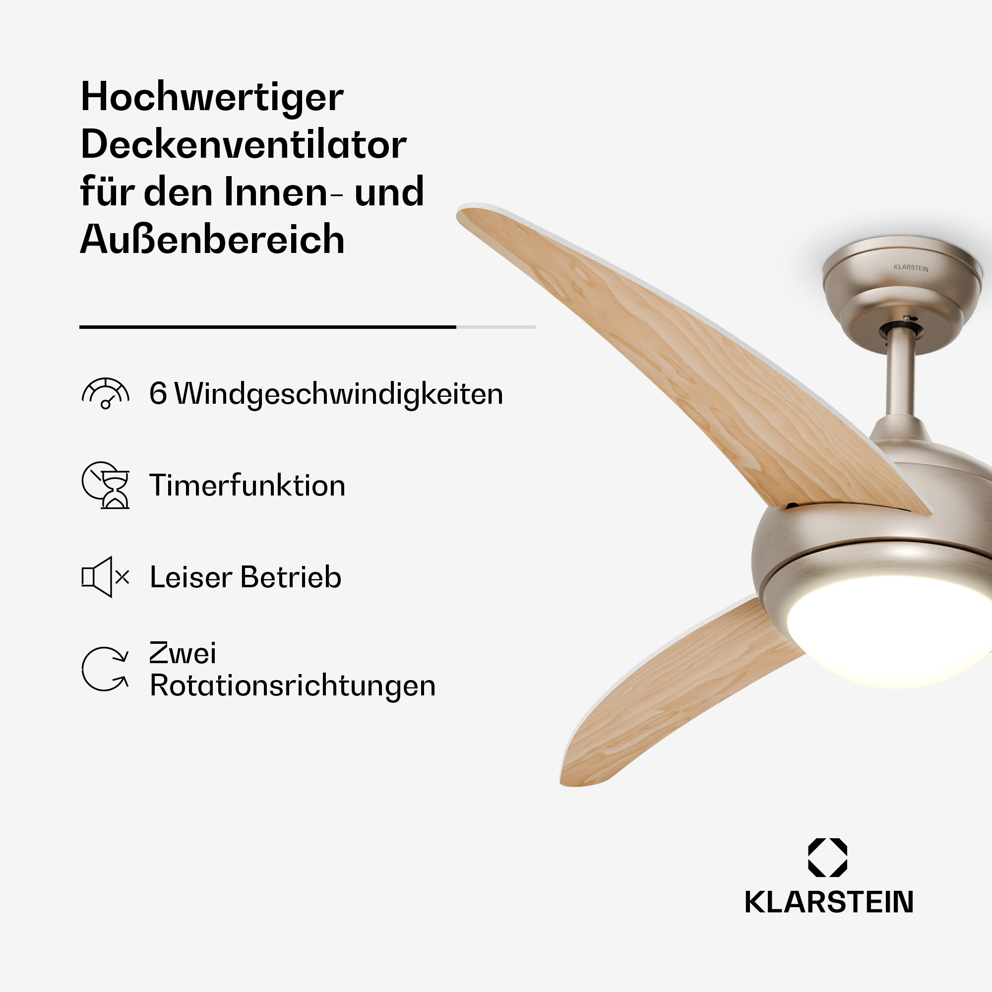 Mostrato un ventilatore da soffitto argentato con pale in legno e luce integrata.