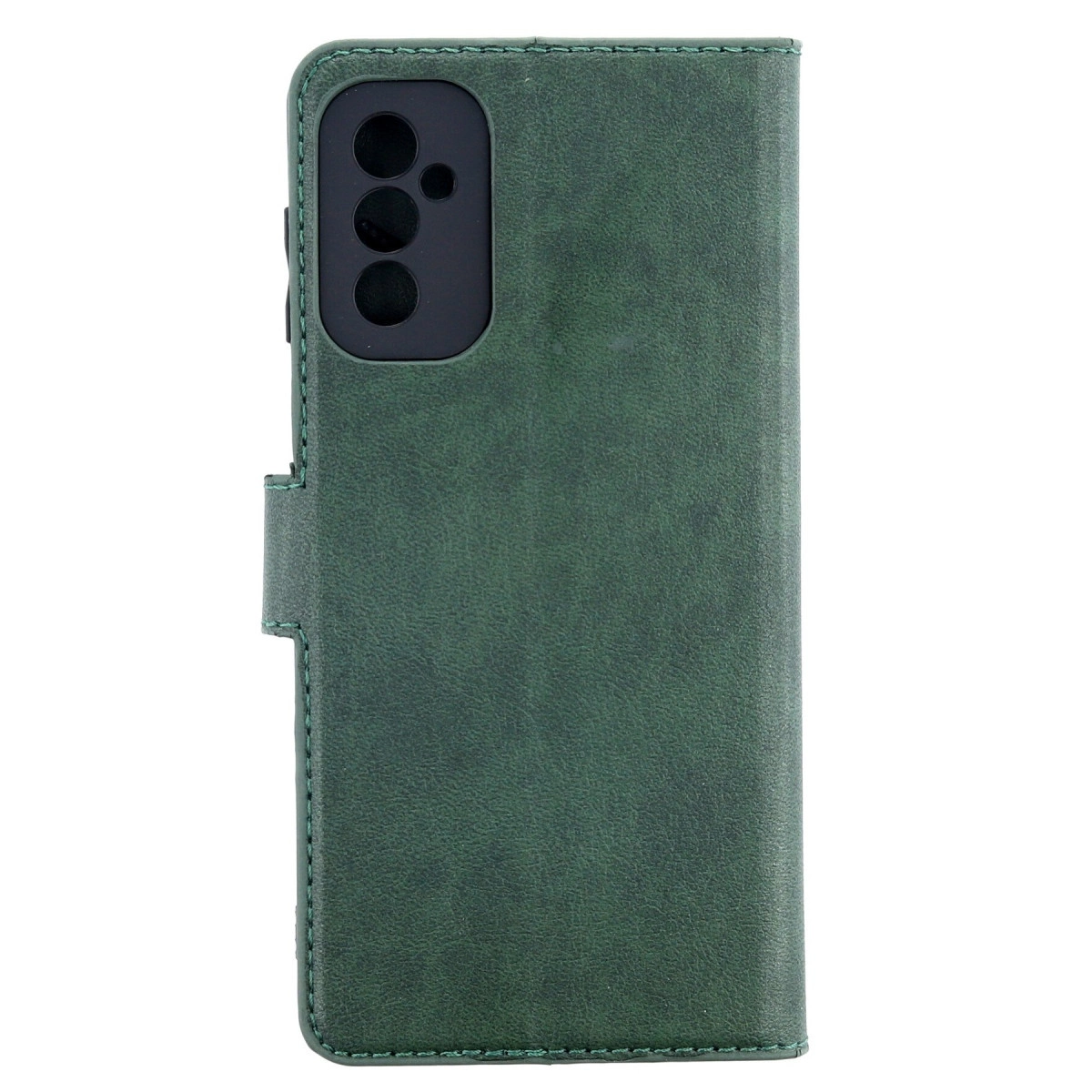 Koyu yeşil telefon kılıfı, kamera kesiği ve dikişli.