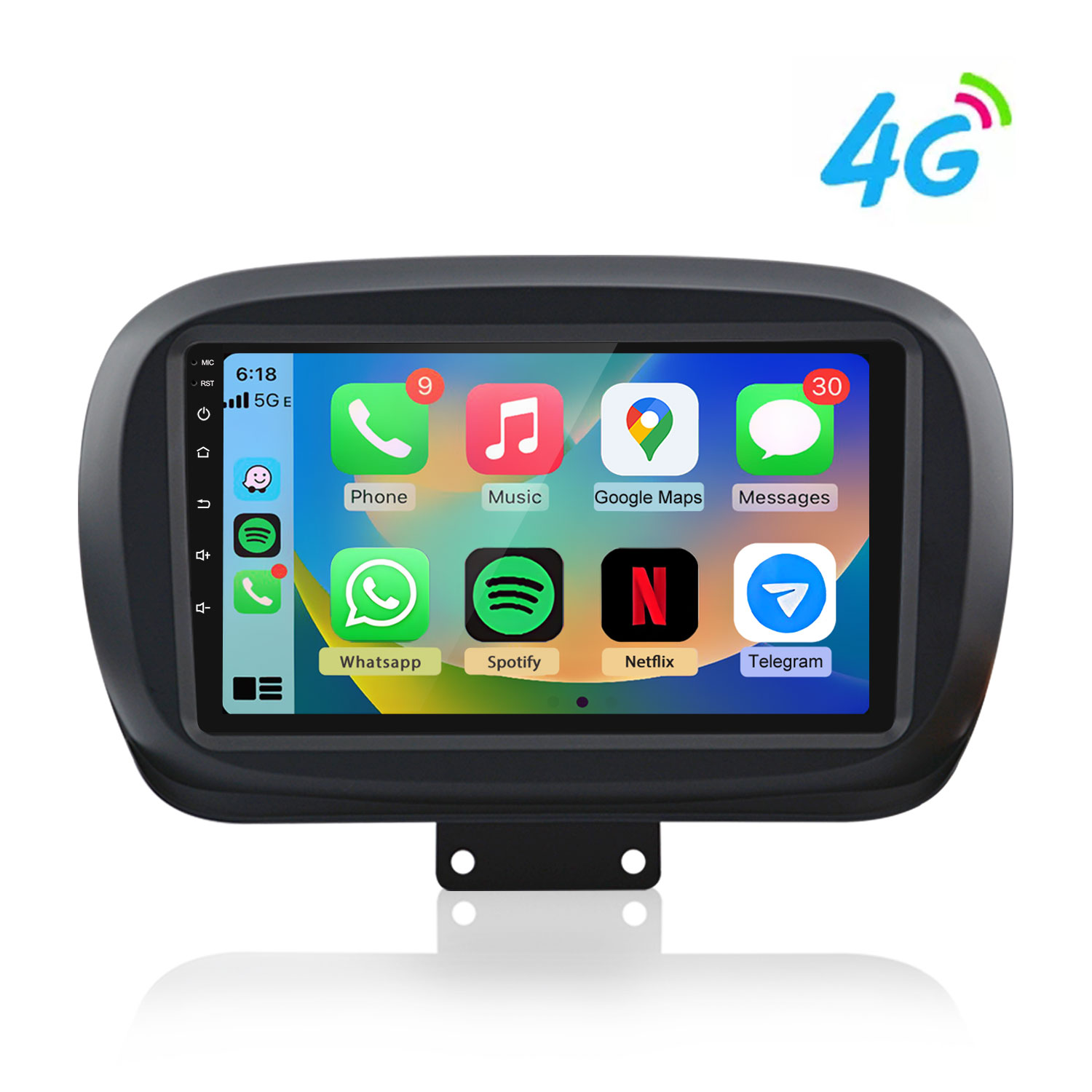 Ein Autoradio-Touchscreen zeigt App-Symbole wie Telefon, Musik, Maps und Nachrichten.