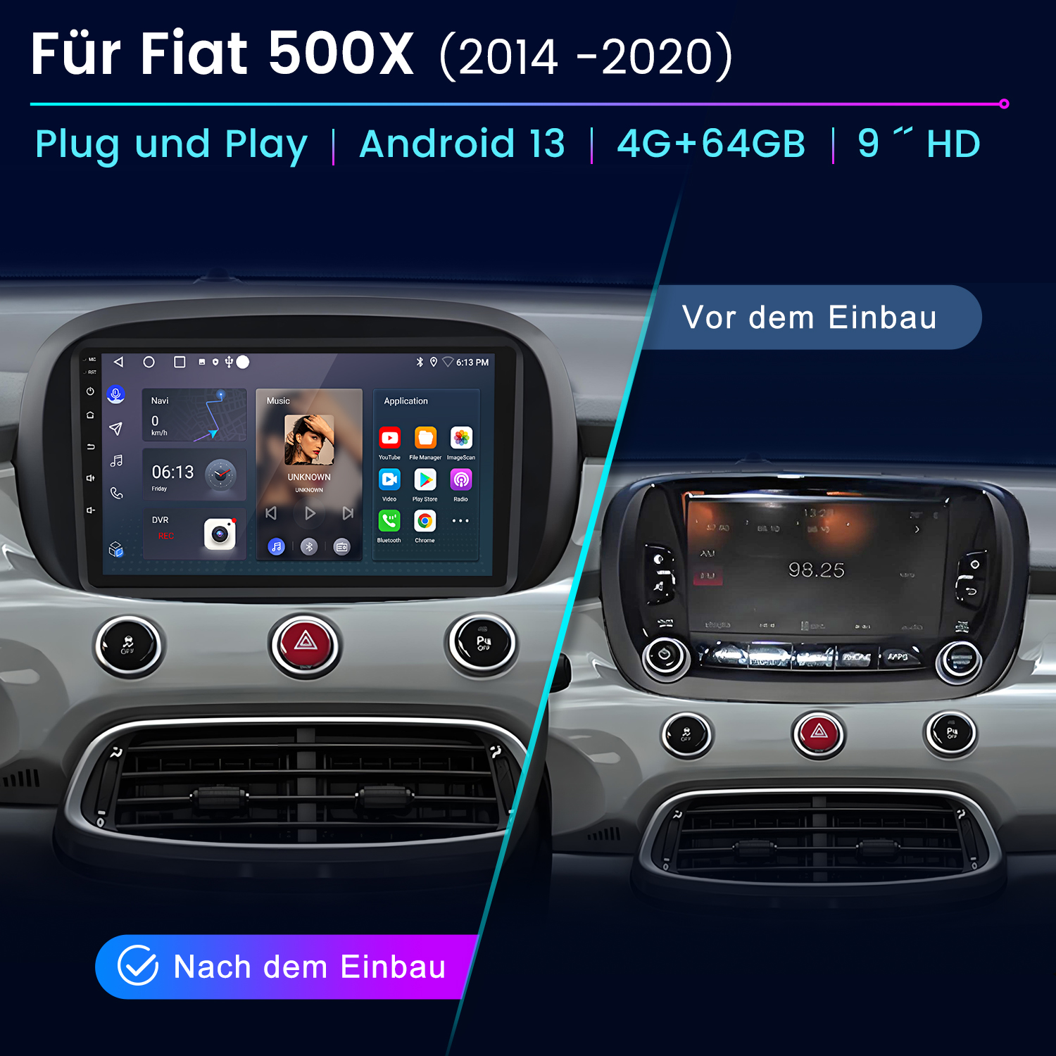 Vorher/Nachher-Vergleich des Fiat 500X Infotainmentsystems mit Android 13.