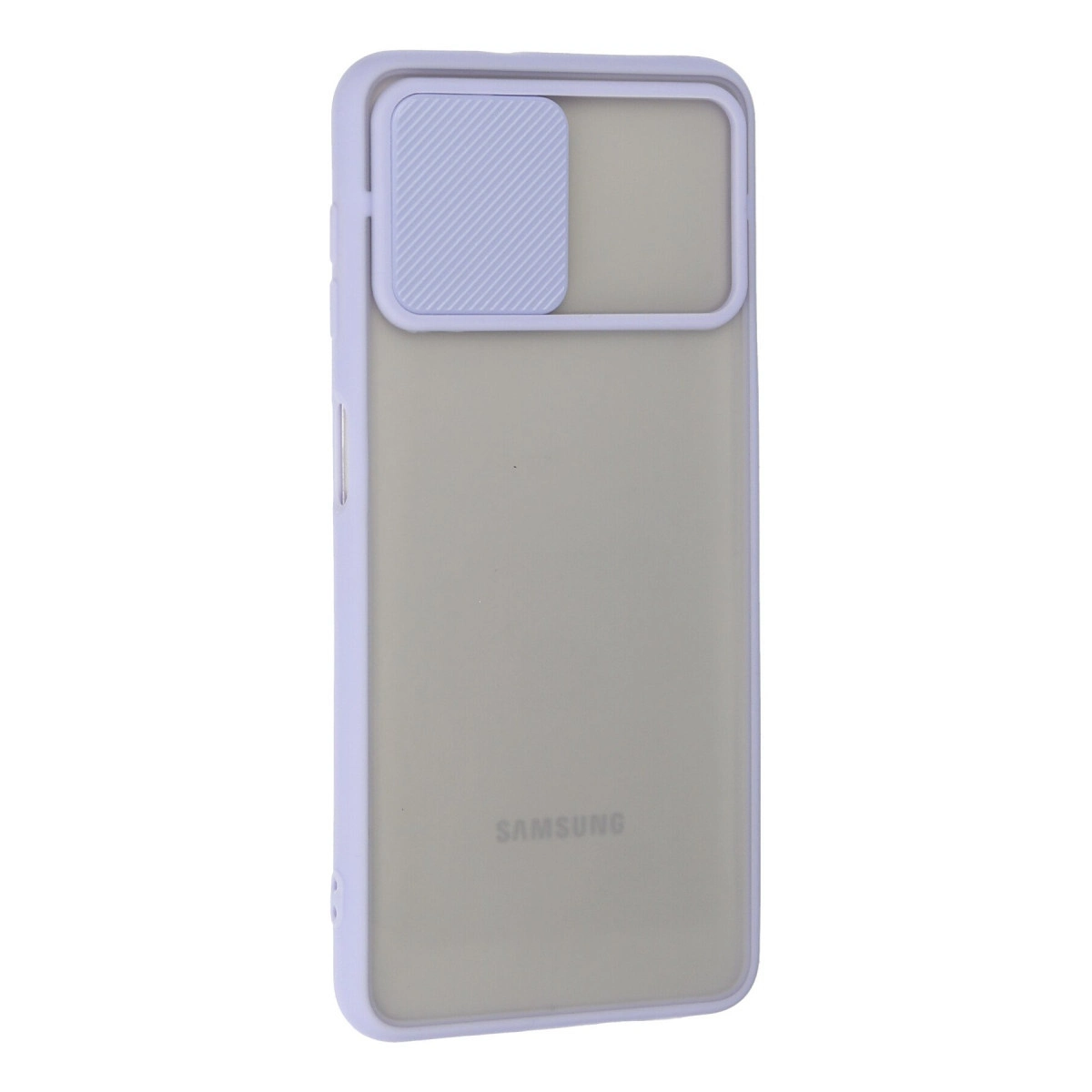 Şeffaf telefon kılıfı, kaydırılabilir kamera kapağı ve Samsung logosu.