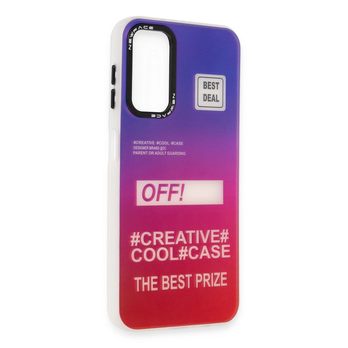 Mor-kırmızı telefon kılıfı #CREATIVE, OFF!, BEST DEAL yazılı.