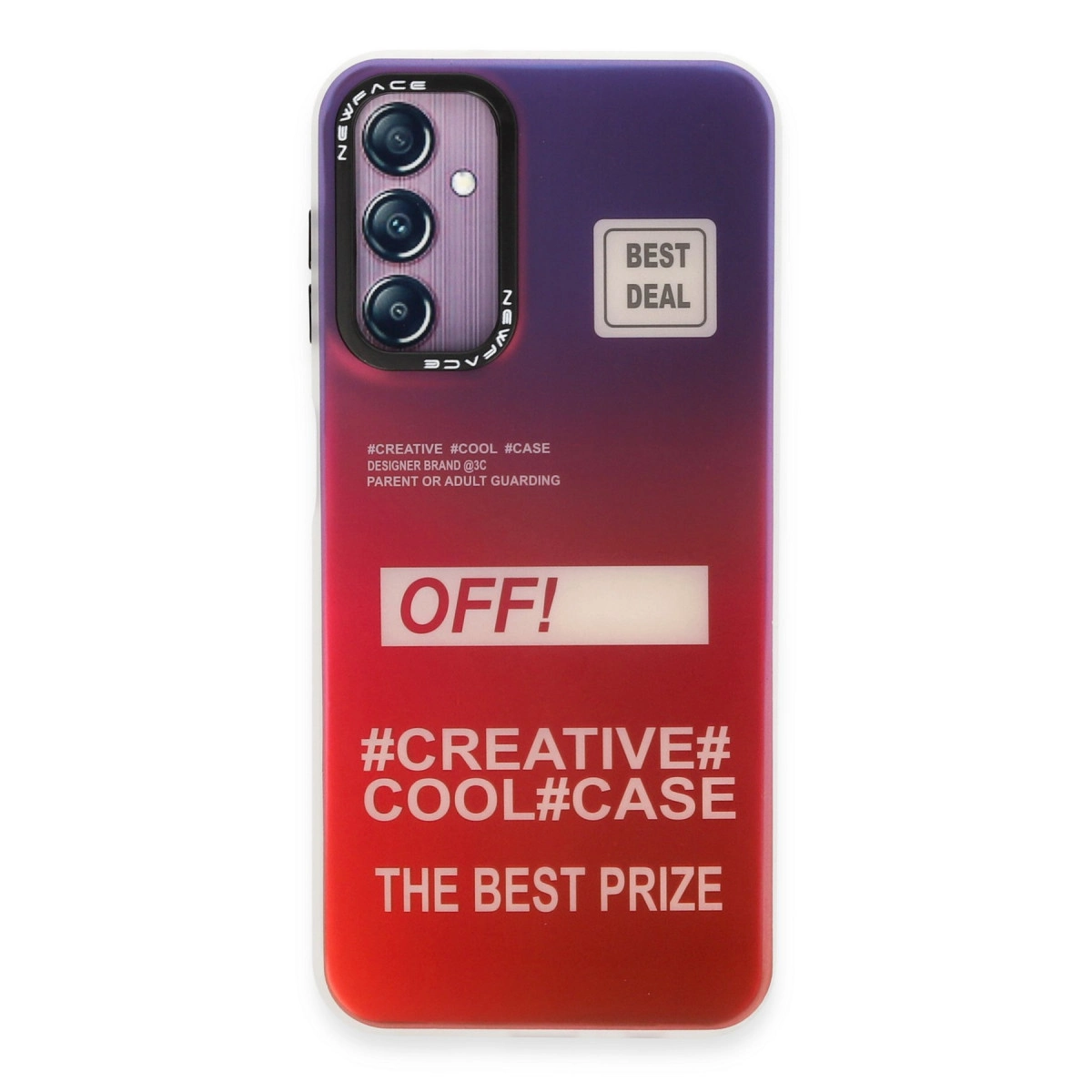 Kamera, metin ve "OFF!" grafikasına sahip mor-kırmızı telefon kılıfı.