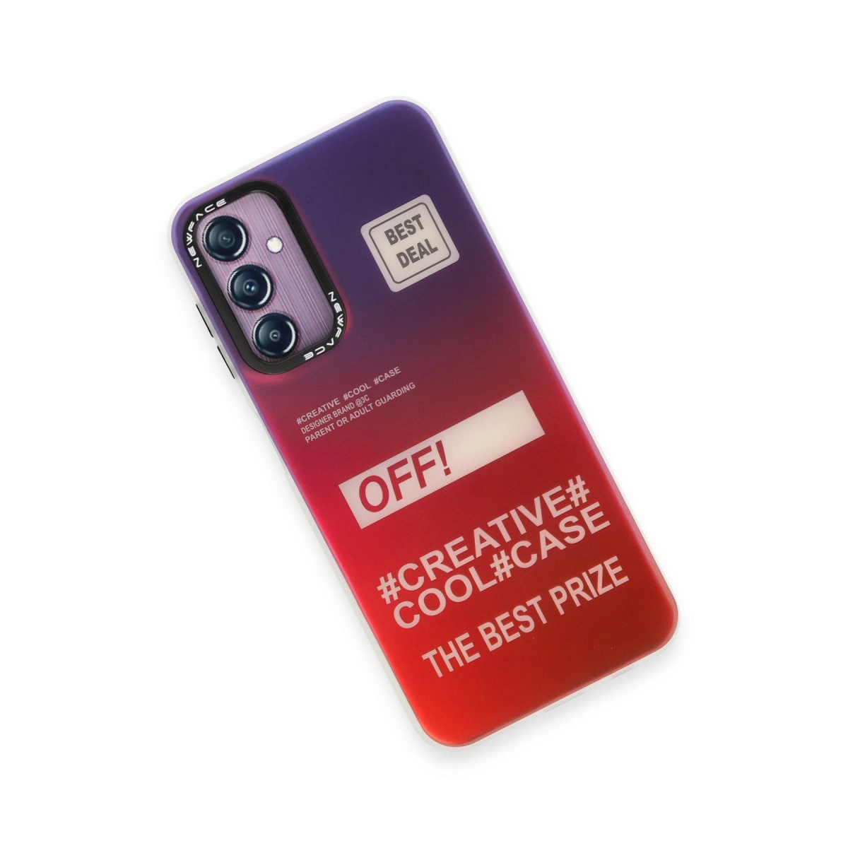Kamera, metin ve çıkartmalar içeren mor-kırmızı gradyan telefon kılıfı.