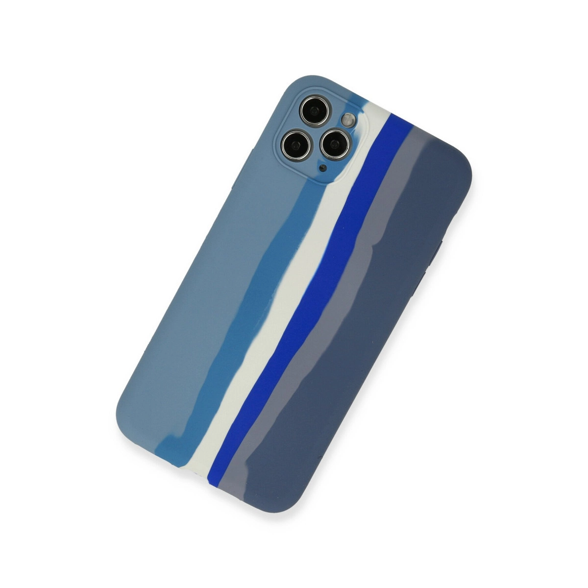 Beyaz arka plan üzerinde mavi ve gri çizgili telefon kılıfı.