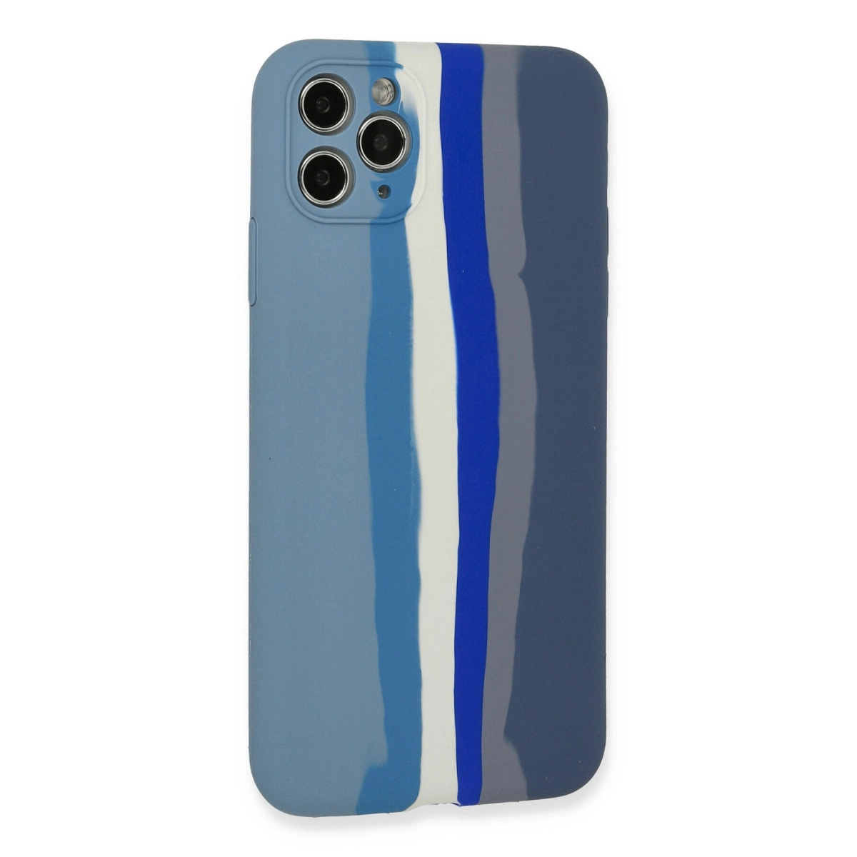Mavi, gri ve beyaz tonlarında dikey çizgili telefon kılıfı.