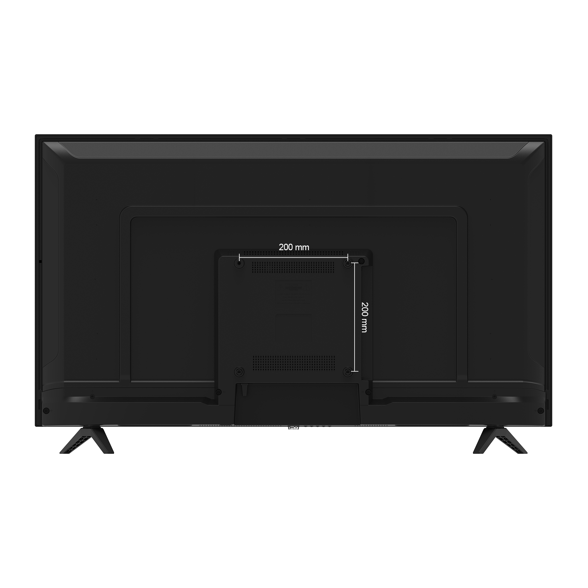 Rear view of a black television with stand feet and VESA mounting pattern.